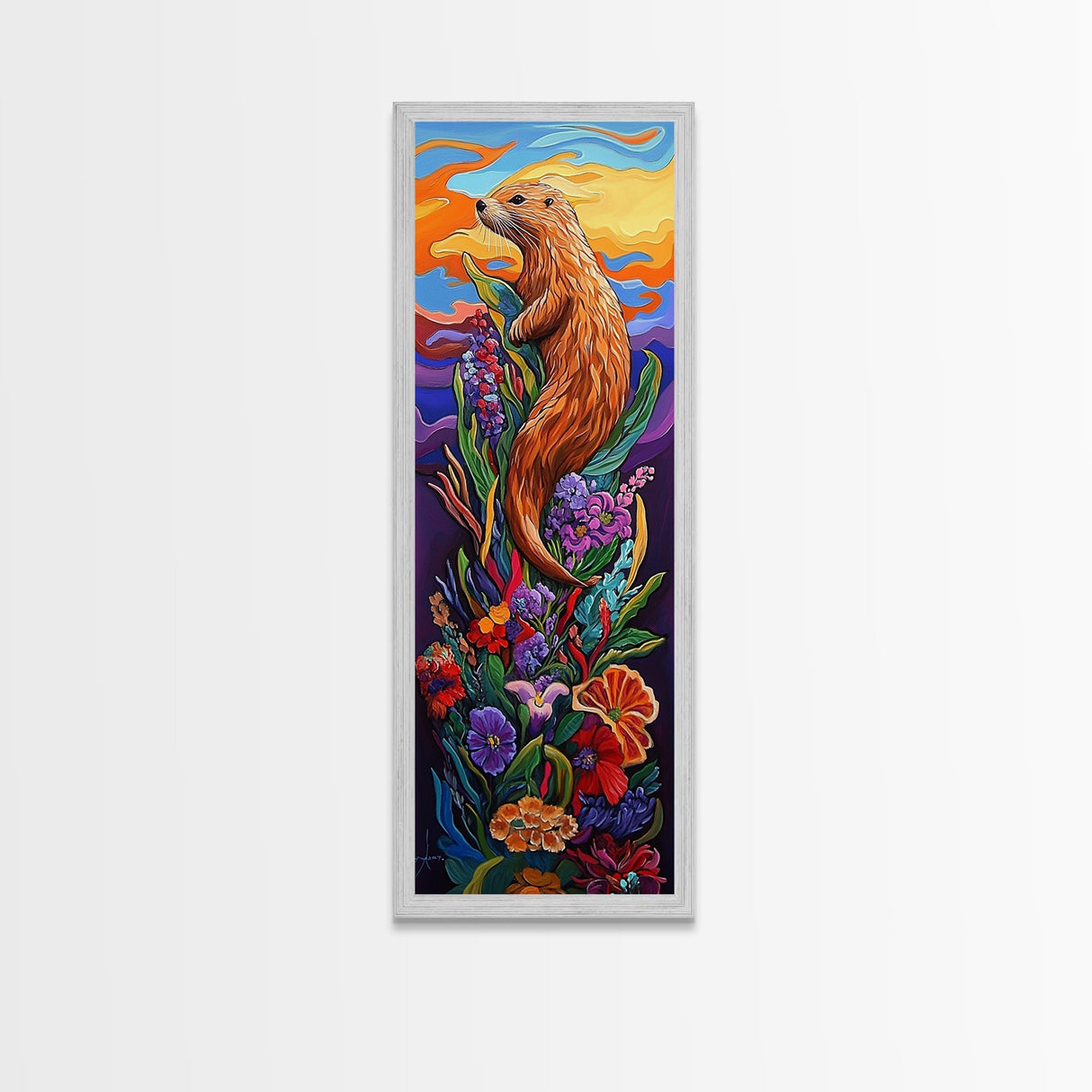 Otter, Flowers, Fantasy, Wildlife, Framed Canvas Print, Whimsical animal art in vibrant palette, ideal Nursery Art or Nature Lover Decor