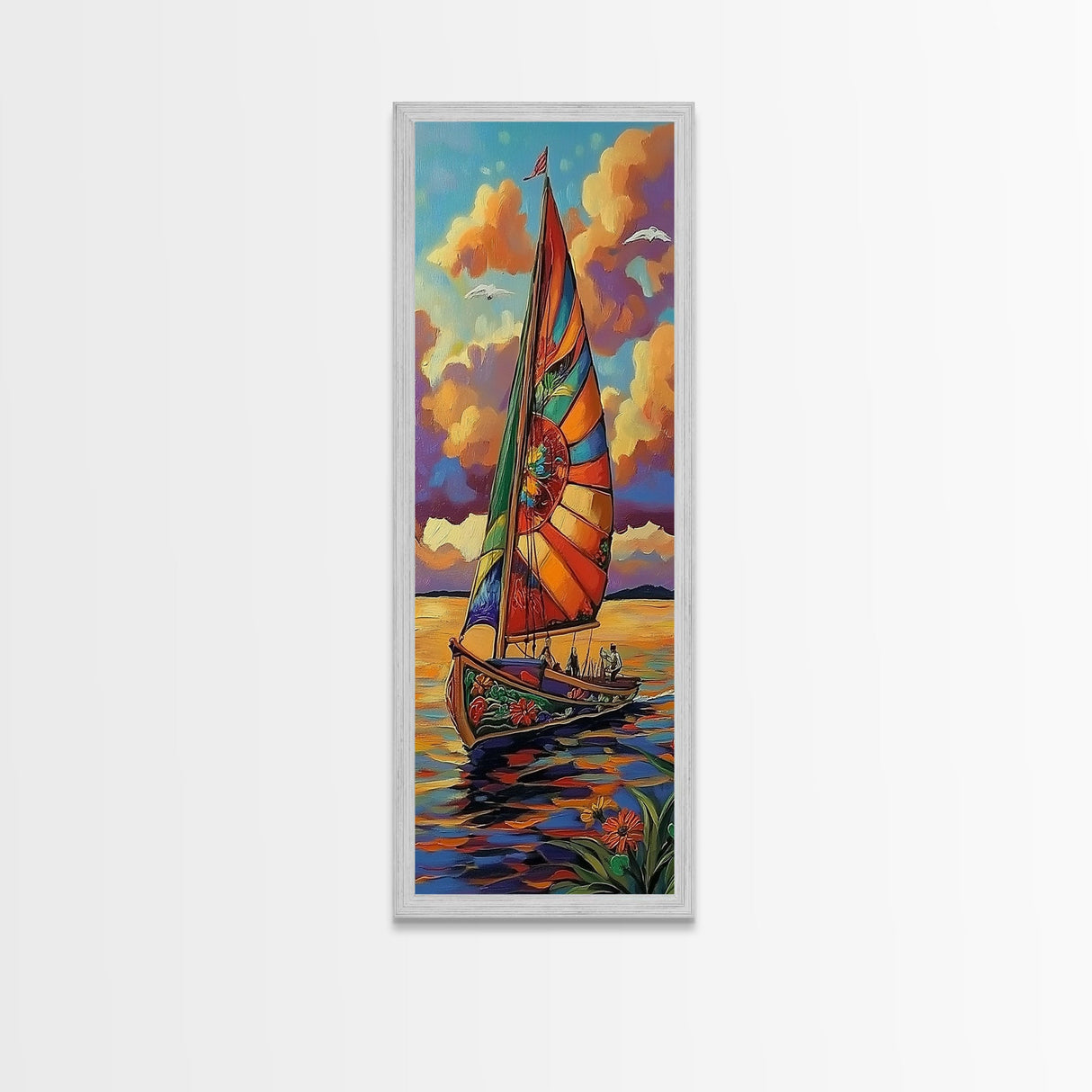 Sailboat Sunset, Nautical Colors, Coastal Adventure Wall Art, Tropical Summer Decor, Beach House Style, Framed Canvas Print