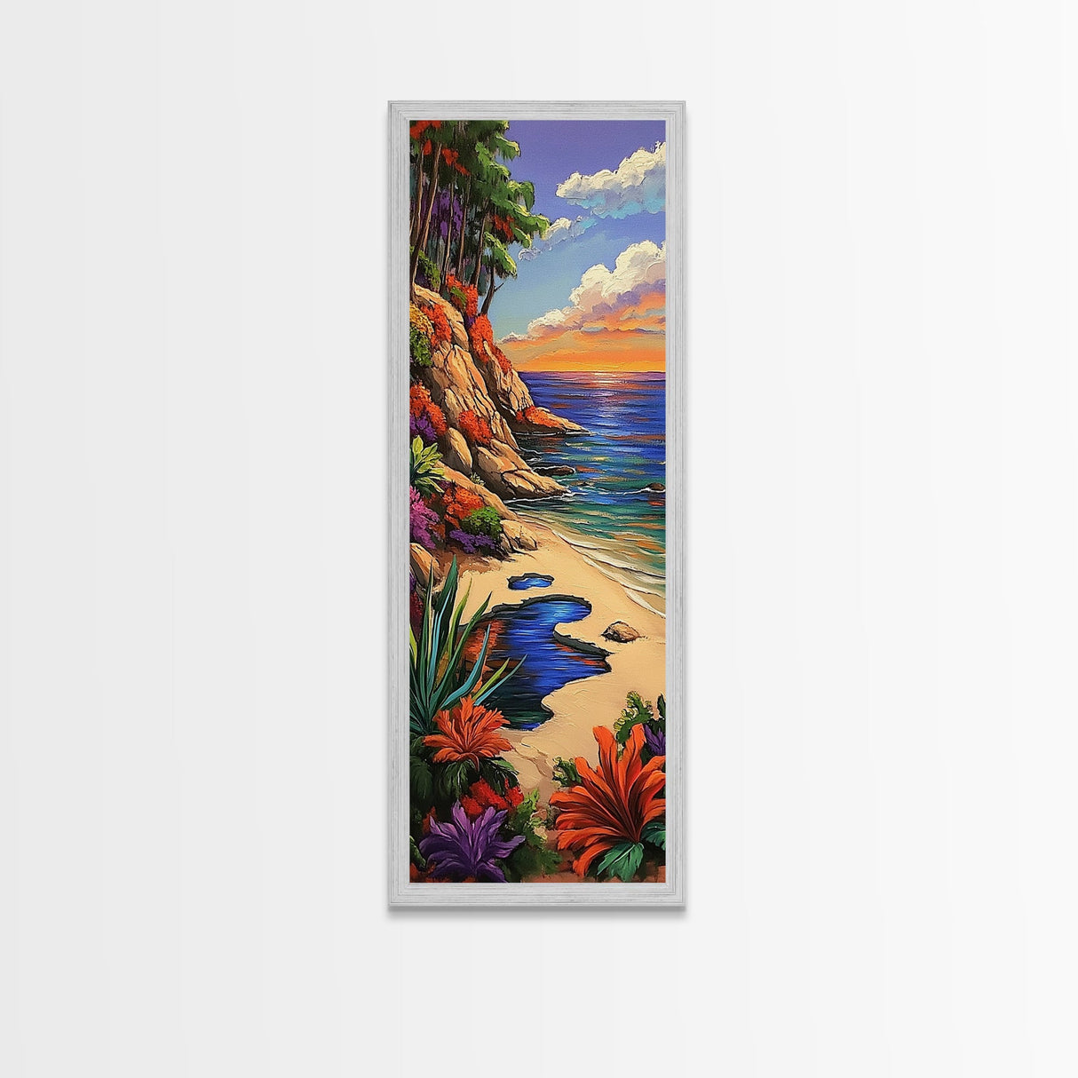 Secluded Beach, Tropical Cliffs, Colorful Coastal Nature Art, Summer Getaway Style, Ocean View Decor, Framed Canvas Print