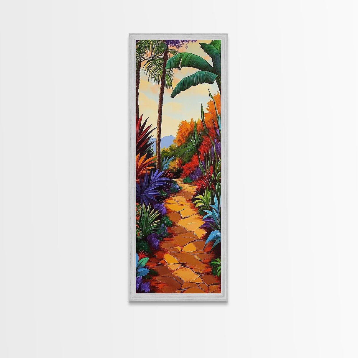 Tropical Pathway, Palms, Jungle Walkway Framed Canvas Print, Bohemian Wall Art, Bedroom Botanical Decor, Vibrant Nature Illustration