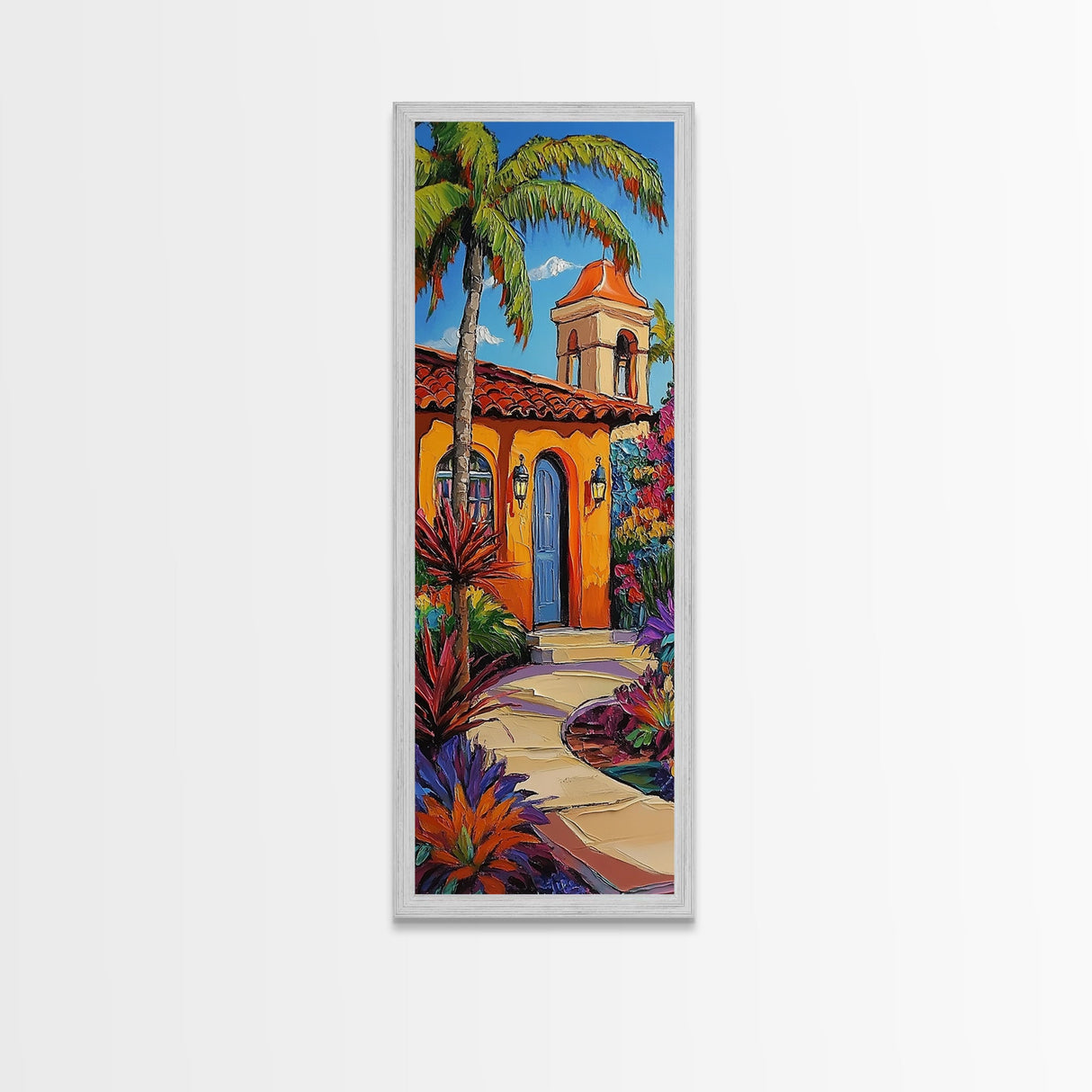 Spanish Villa, Garden, Tropical House Framed Canvas Print, Southwestern Wall Decor, Vibrant Living Room Art, Colorful Home Scene
