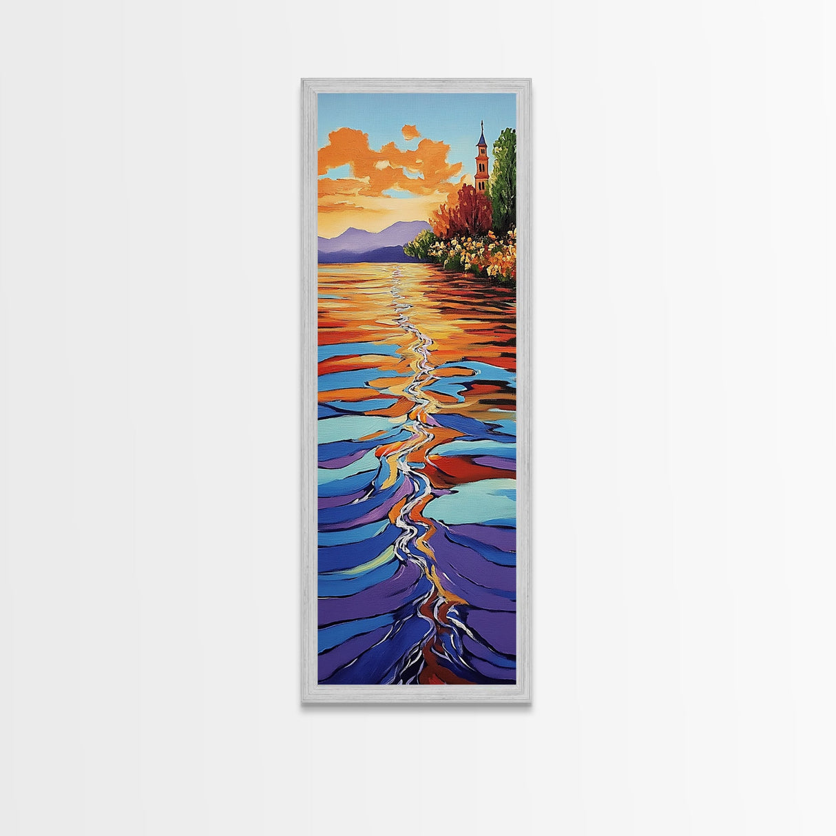 Sunset Water, Church View, Serene Horizon, Framed Canvas Print, abstract water reflections, spiritual art, peaceful living room wall decor