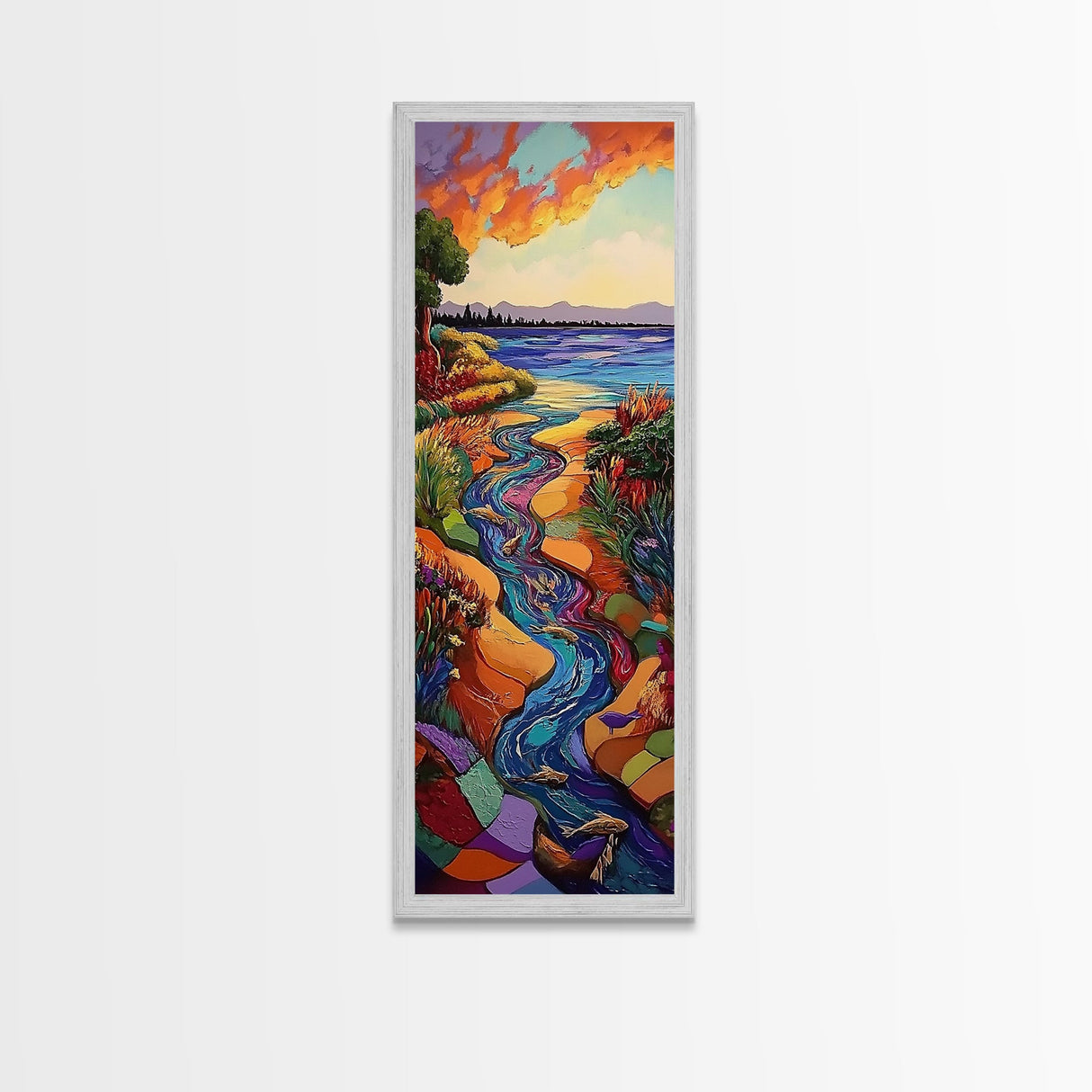 Sunset River, Landscape, Painting, Framed Canvas Print, Vibrant sunset river wall art, nature home decor, mountain style, hallway wall art