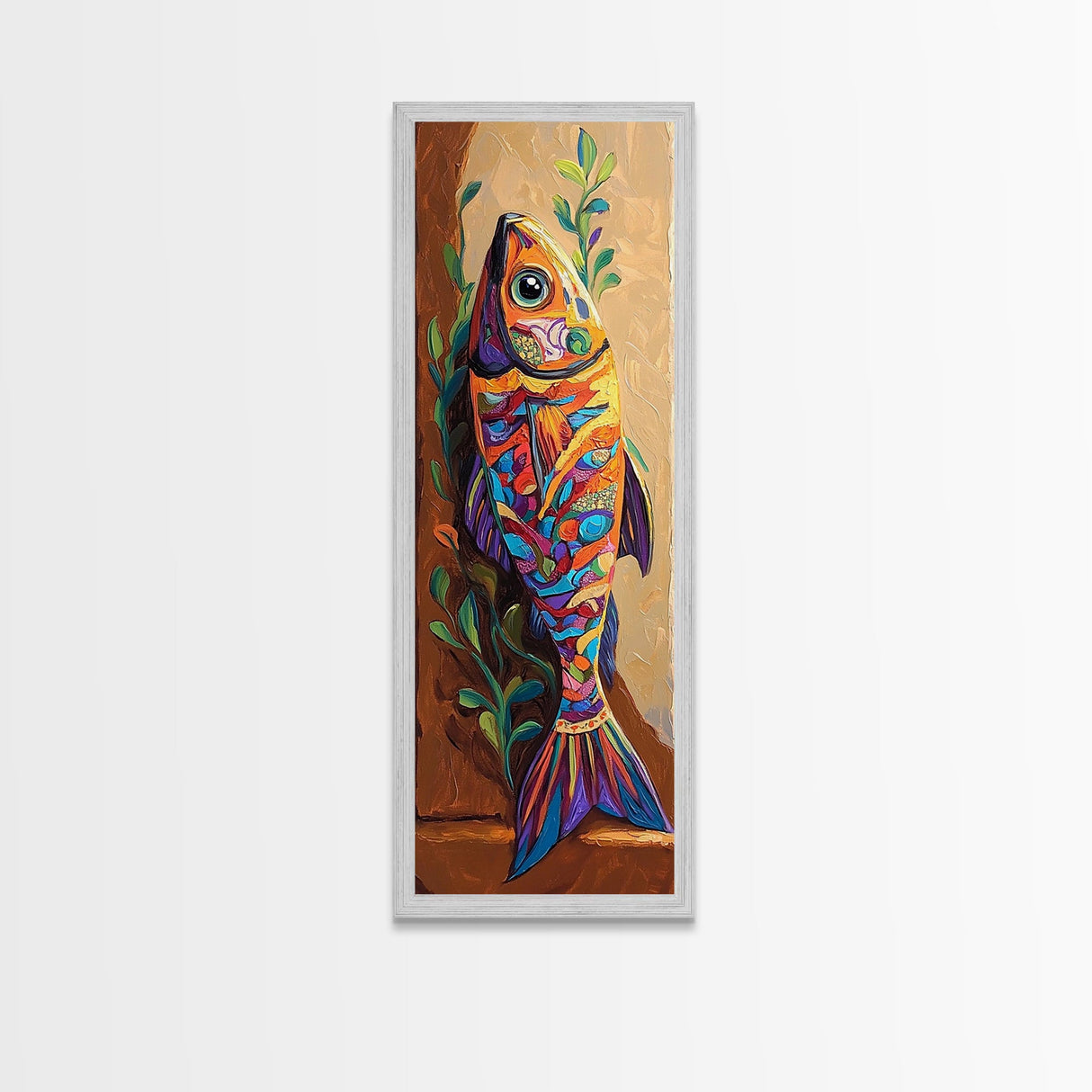 Colorful Fish, Folk Painting, Canvas Print Mexican folk art kitchen decor, ocean wall art, playful seafood theme, rustic coastal kitchen