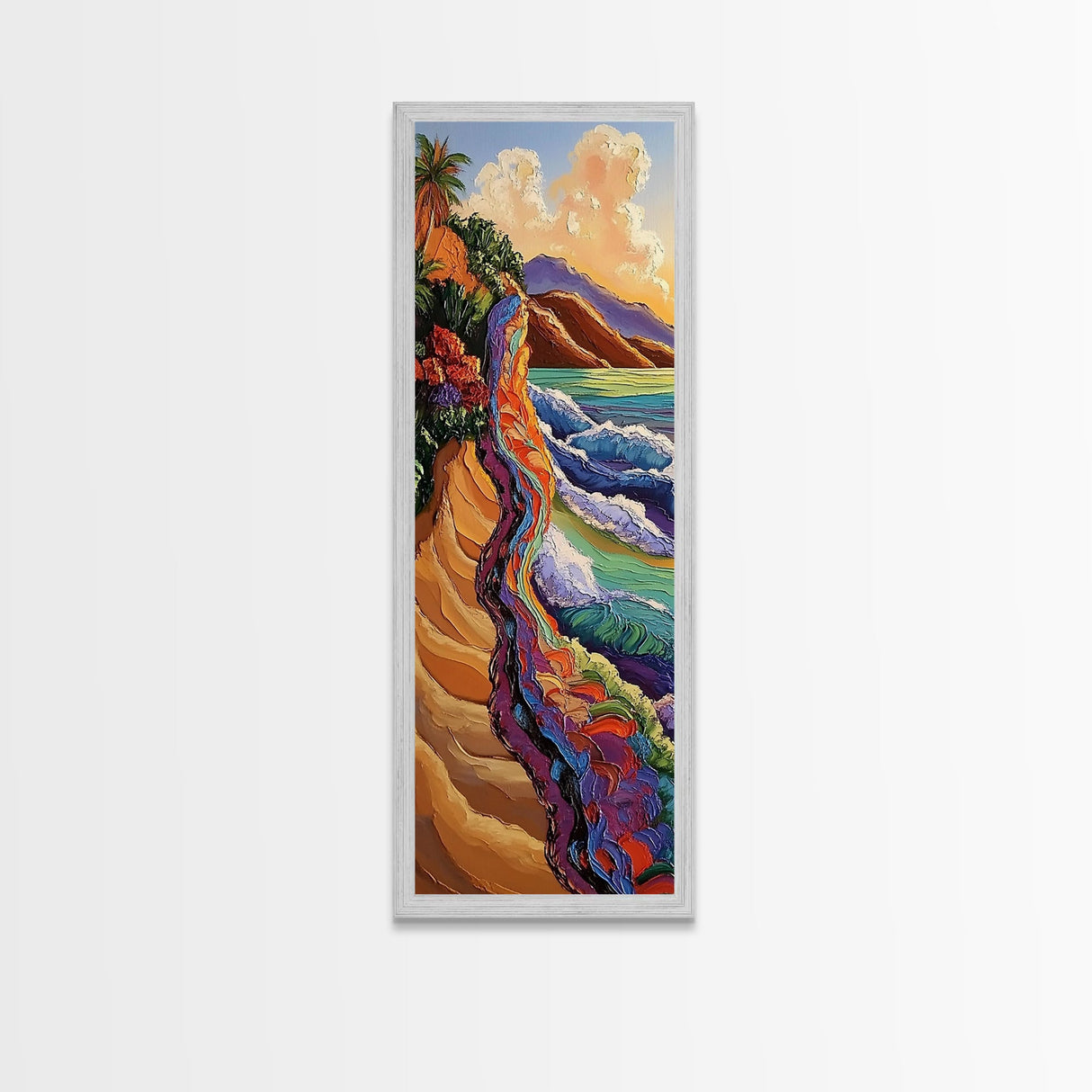 Cliffside Ocean, Rainbow, Waves – Canvas Print bold beach artwork, coastal living room art, tropical ocean scene, textured vibrant painting