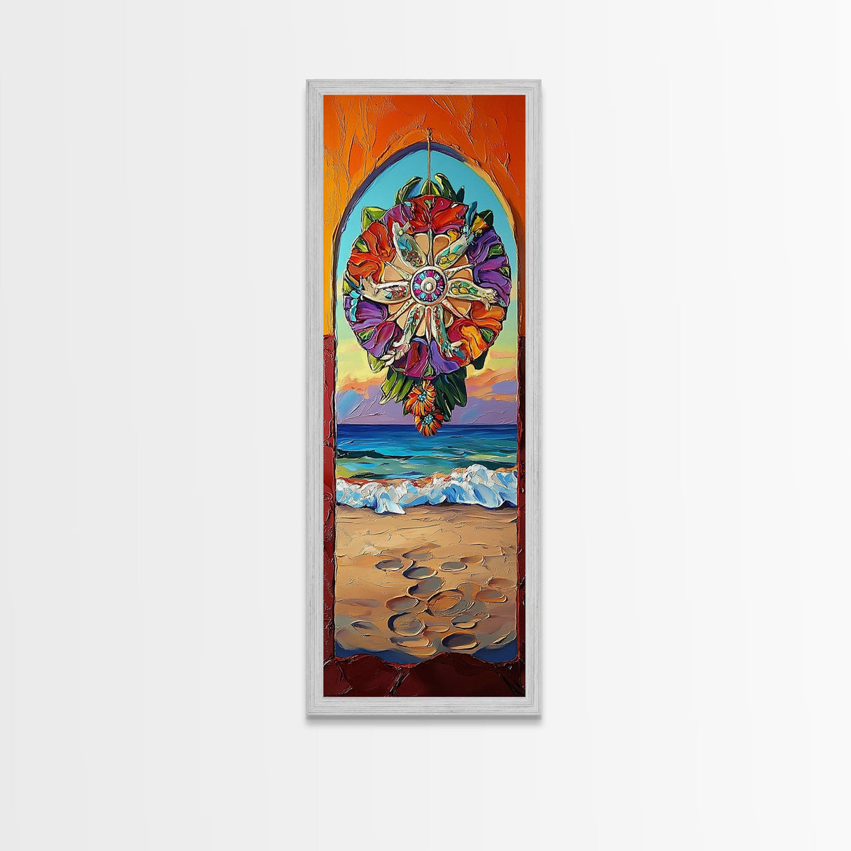 Sunset Beach, Mandala, Coastal Archway Framed Canvas Print, Boho Ocean Wall Art, Vibrant Entryway Decor, Spiritual Coastal Style