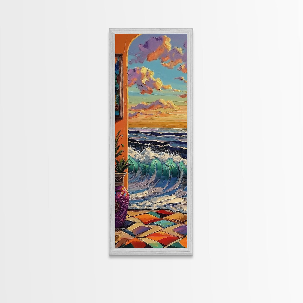 Waves Archway, Ocean, Framed Canvas Print, Coastal Wall Art, Colorful Boho Living Room Decor, Mediterranean Beach Home Accent Piece