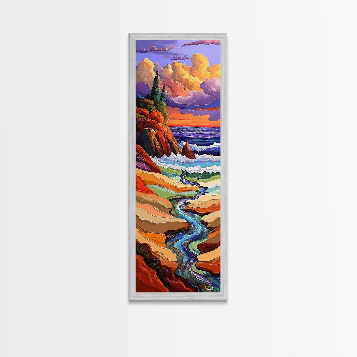 Sunset Coast, Stream Meets Ocean, Abstract Nature, Framed Canvas Print, Fall Wall Art, Colorful Beach Living Room Decor