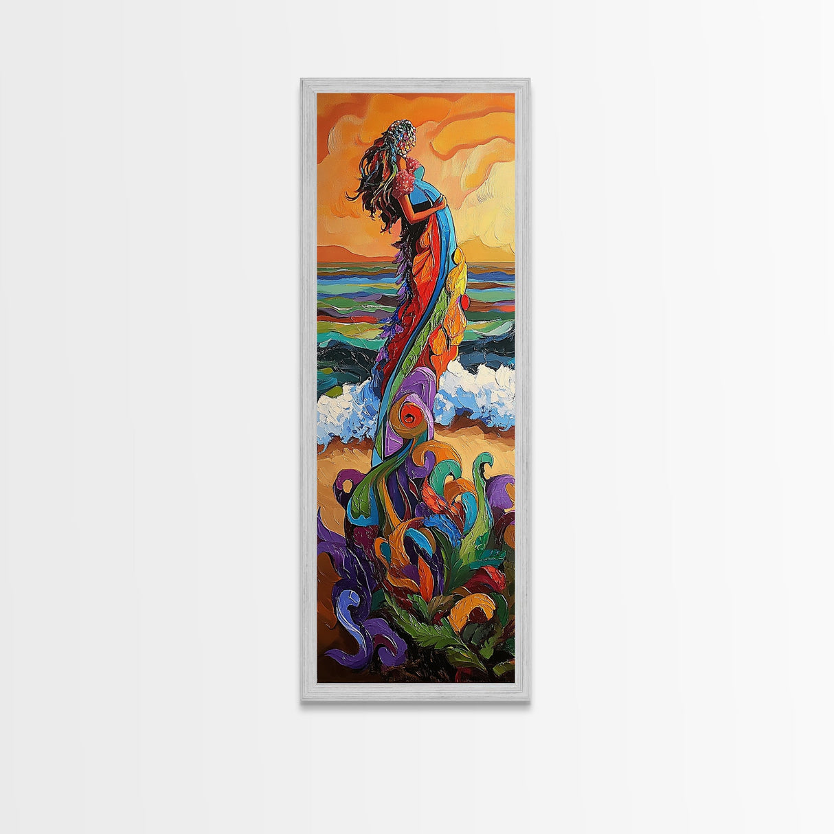 Mother Ocean, Rainbow, Canvas Print, Colorful mother nature figure by ocean painting, whimsical spiritual art, meditation room wall art