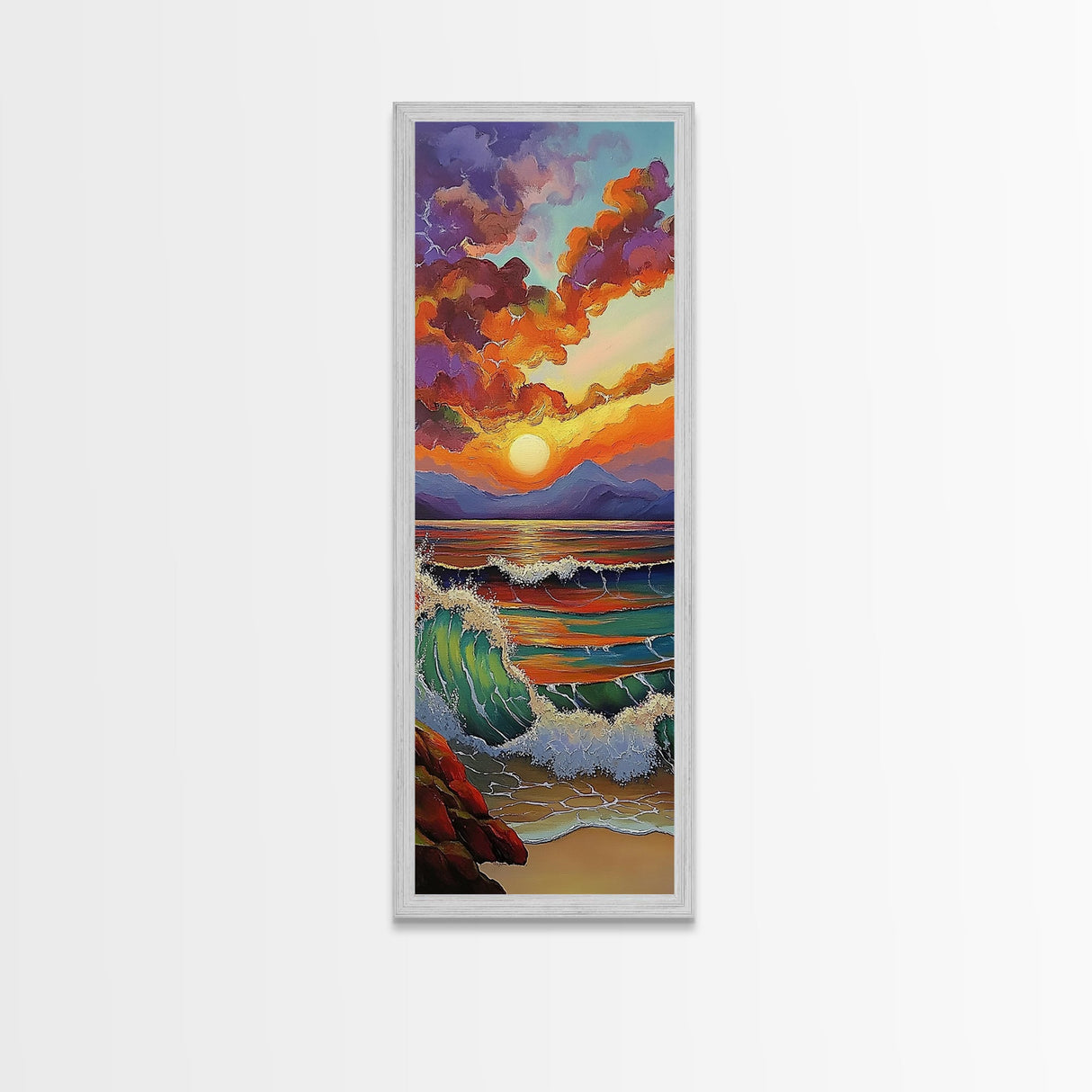 Sunset Seascape, Waves, Ocean Framed Canvas Print vivid wave crashing art, colorful sky landscape, modern coastal art, beach house decor