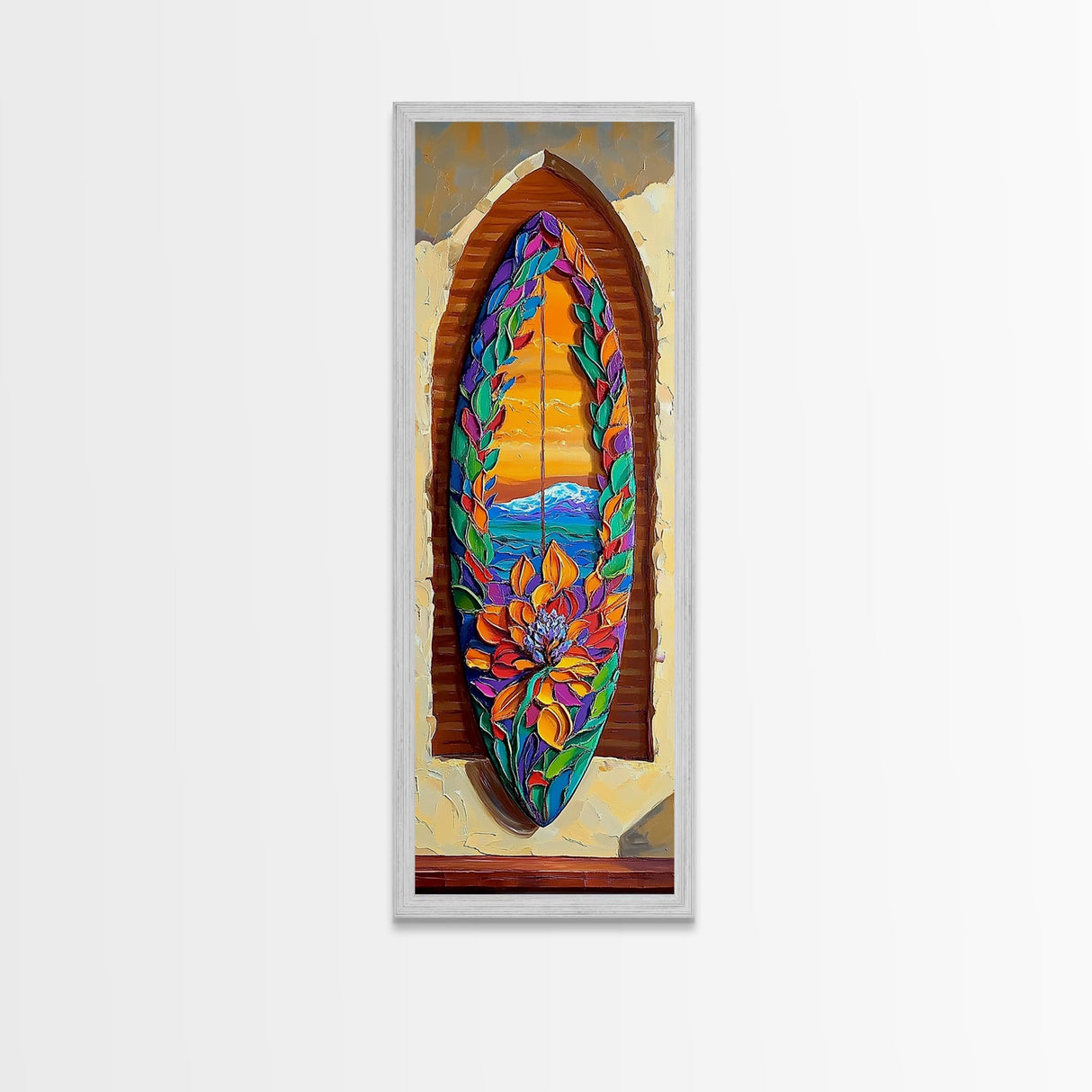 Surfboard Flower, Ocean, Framed Canvas Print, Tropical Beach Wall Art, Boho Coastal Decor, Colorful Surfboard Painting, Bedroom Art