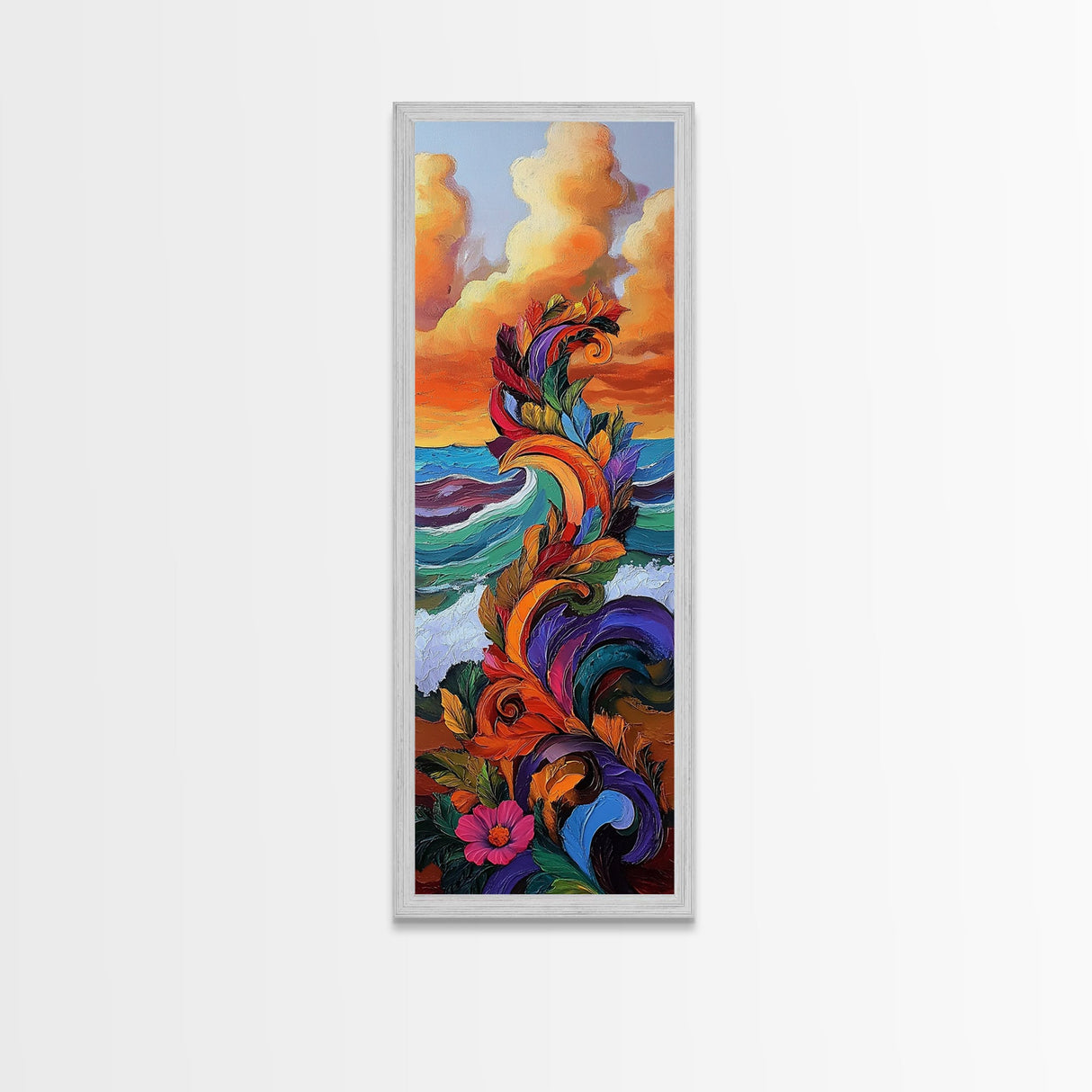 Wave Leaves, Sunset, Canvas Print, Abstract Ocean Wall Art, Bright Boho Decor, Living Room Seascape, Coastal Nature Painting
