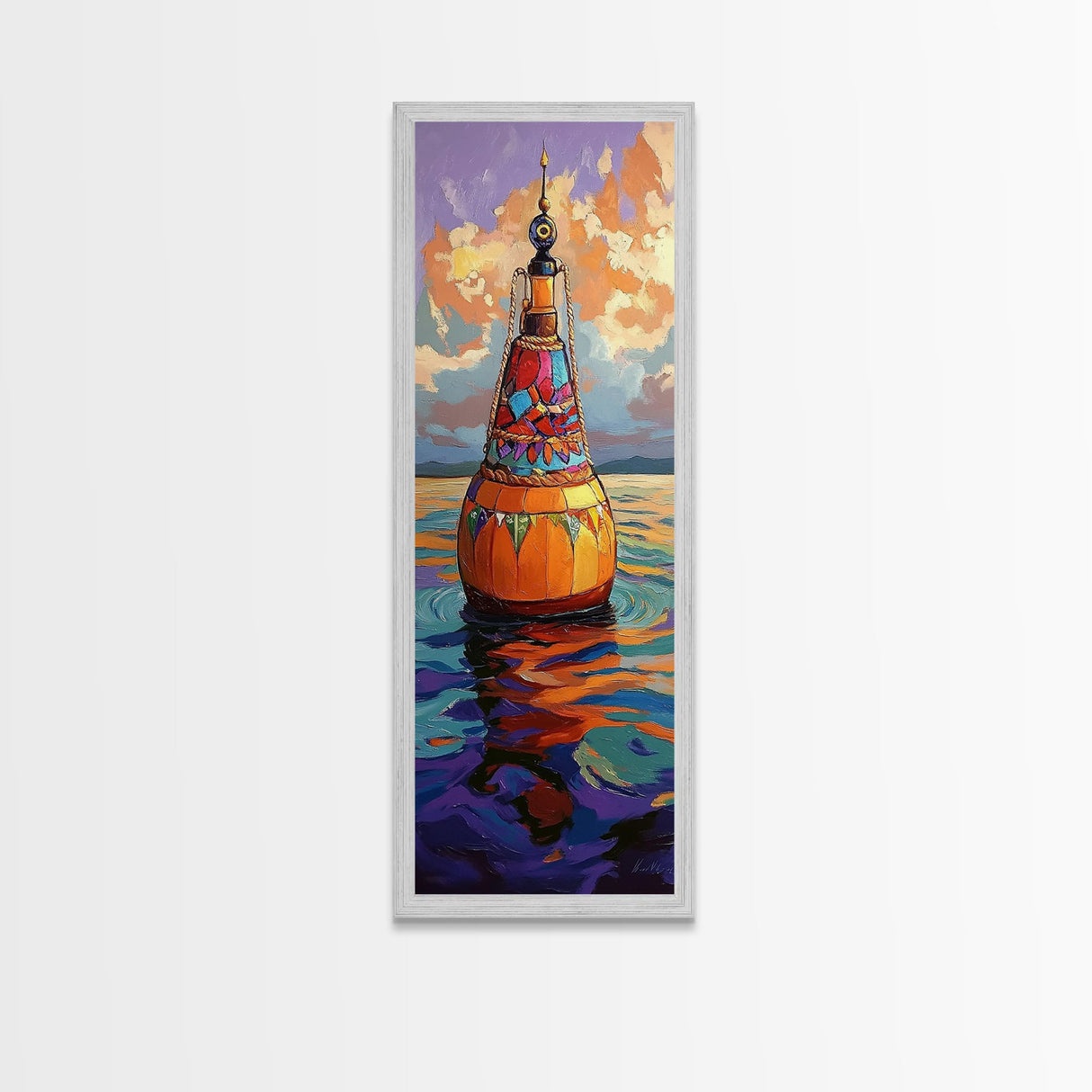Vibrant Buoy, Sunset Waterscape – Nautical Wall Decor, Coastal Art, Ocean Room Accent, Framed Canvas Print, Colorful Boho Sea Art