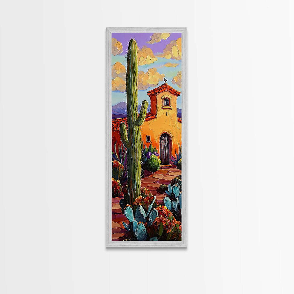 Mission Cactus, Desert Sunset – Southwestern Church Wall Art, Rustic Fall Colors, Framed Canvas Print, Living Room Boho Style