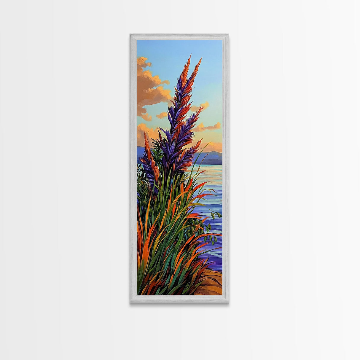 Feather Grass, Sunset Field, Colorful Coastal Landscape, Framed Canvas Print, Boho Bedroom Wall Art, Nature Inspired Living Room Decor