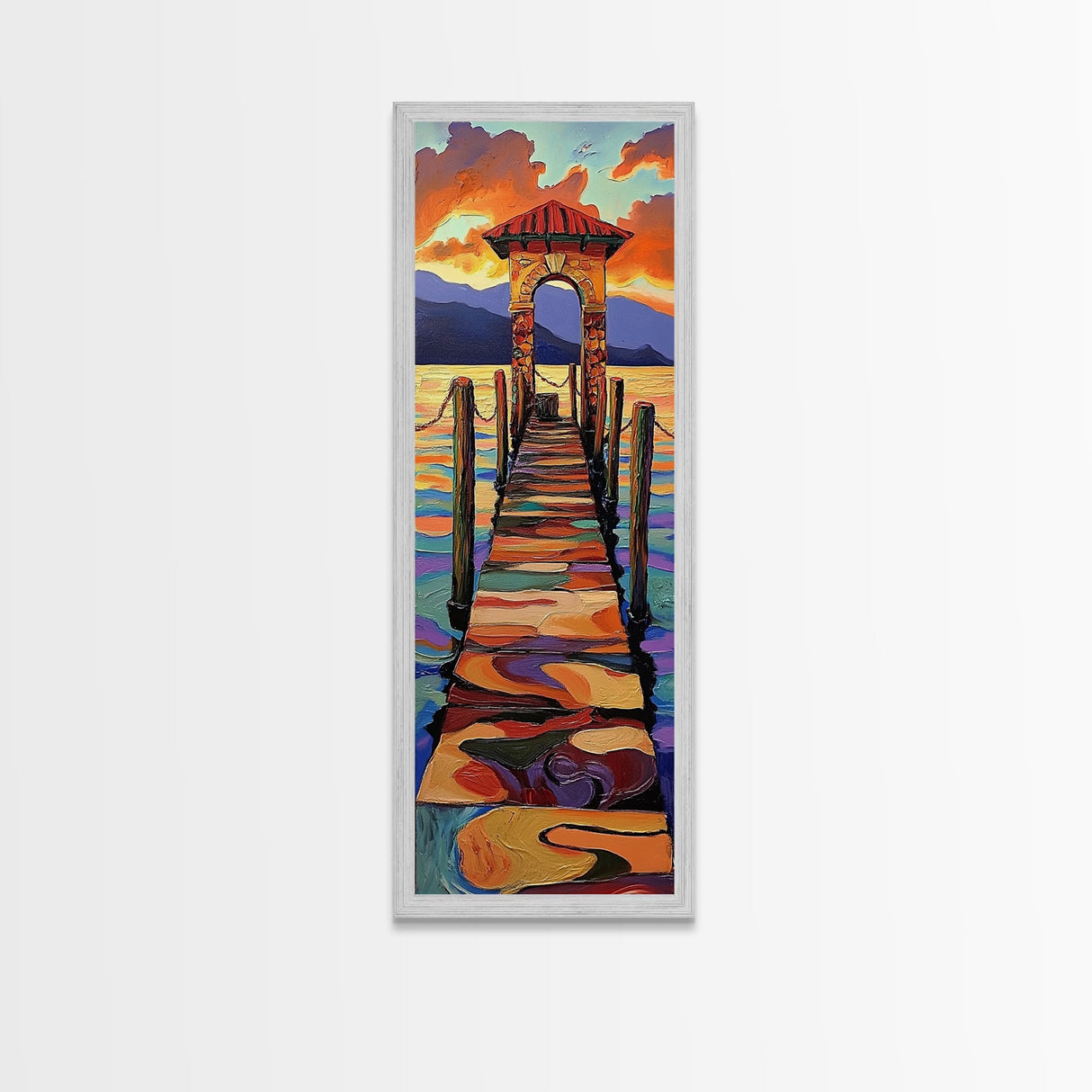 Sunset Pier, Pathway, Landscape, Framed Canvas Print, Coastal Wall Art, Sunset Beach Decor, Living Room Art, Colorful Landscape Painting