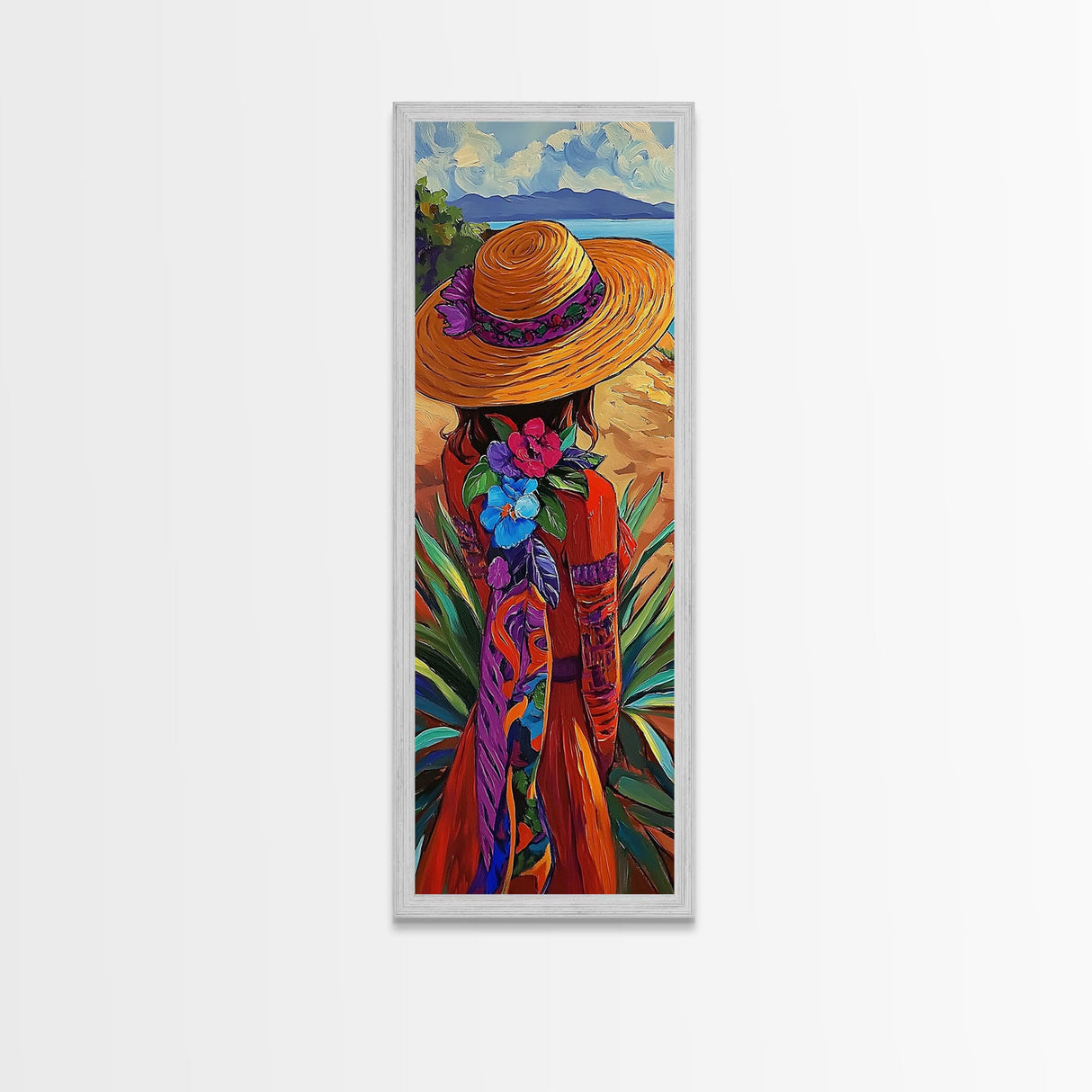 Woman Hat, Flowers, Beach, Canvas Print, Boho Wall Art, Coastal Bedroom Decor, Mexican Art Style, Colorful Summer Wall Accent