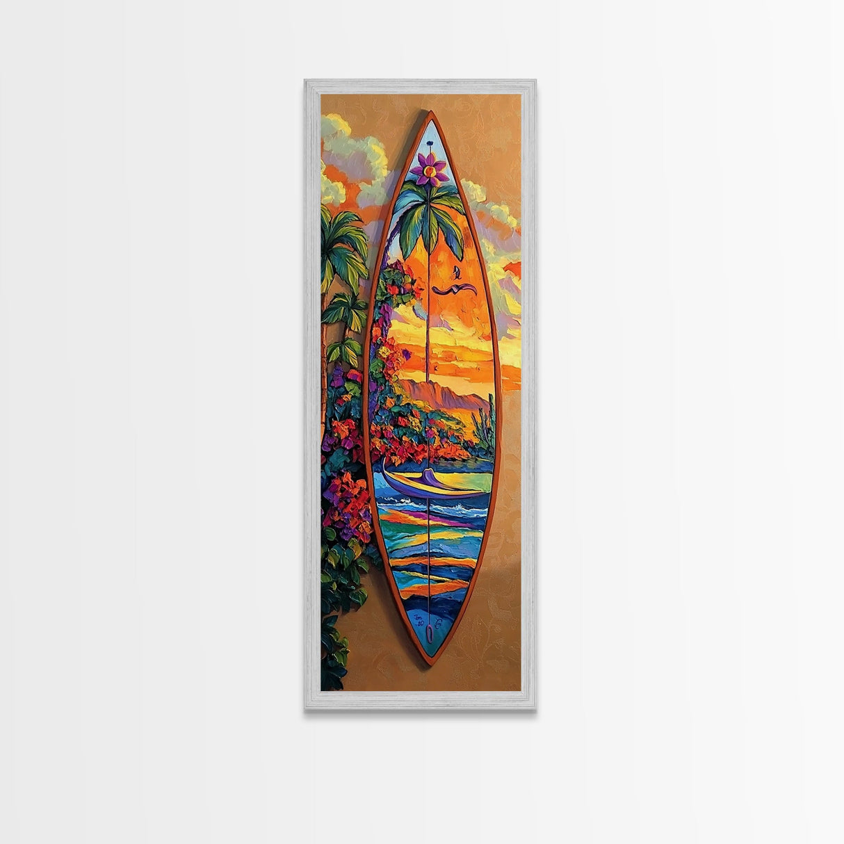 Surfboard Tropical, Sunset, Palm, Framed Canvas Print, Hawaiian surf art, beach house decor, vibrant coastal living room artwork