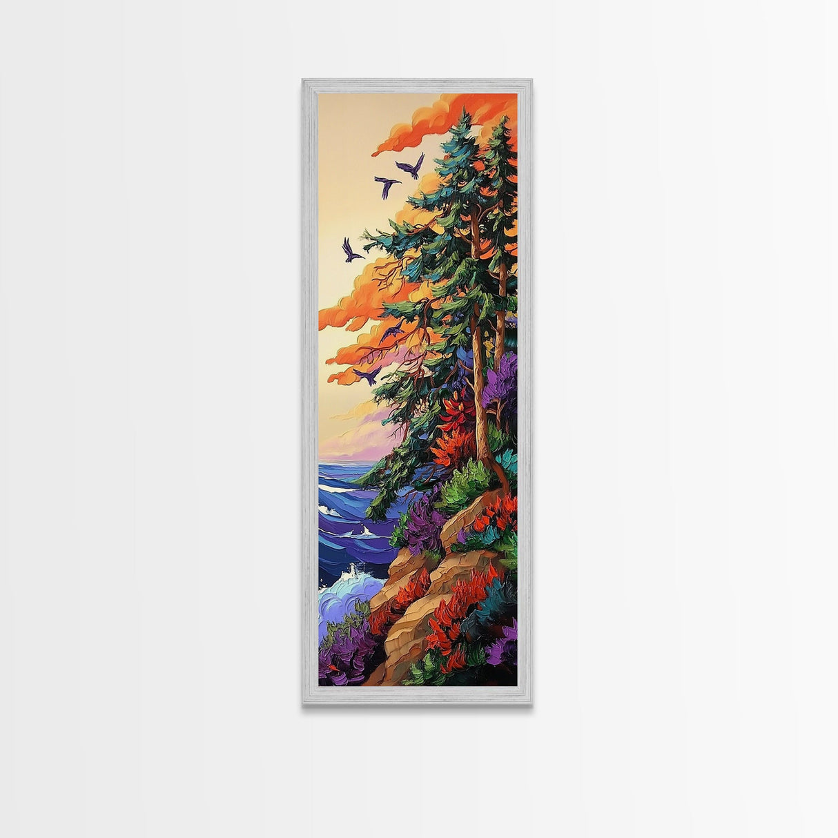 Forest Cliffside, Birds, Ocean, Canvas Print, vibrant fall art, whimsical nature scene, cabin wall art, living room or den decor