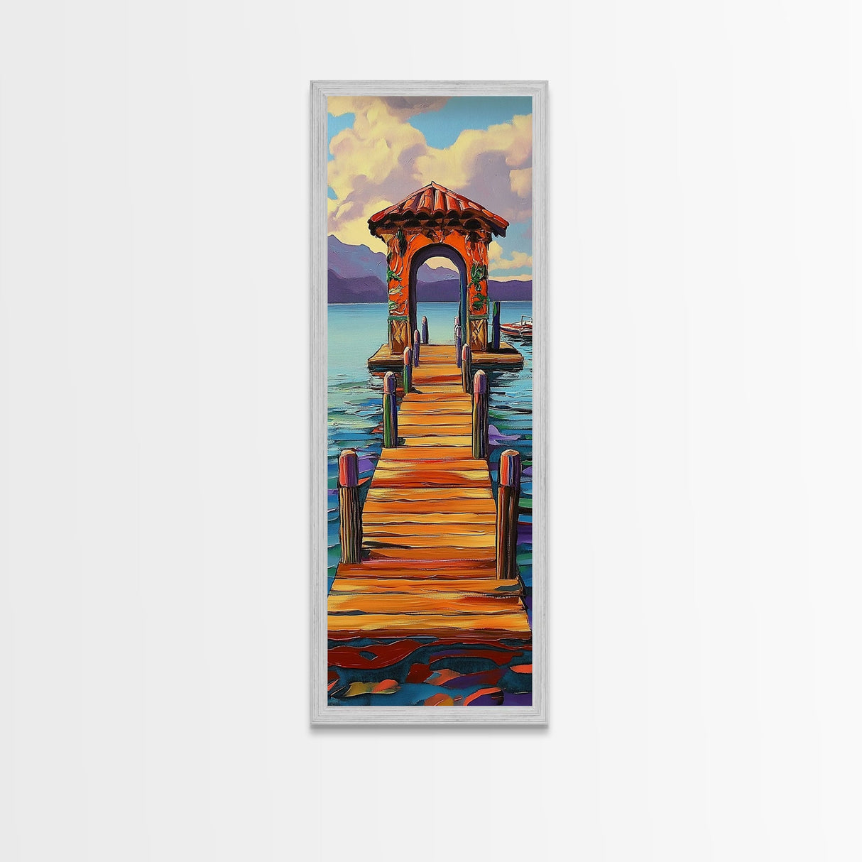 Colorful Pier, Archway, Water — Framed Canvas Print of a vibrant pier scene, coastal wall art, boho lake house decor, office accent