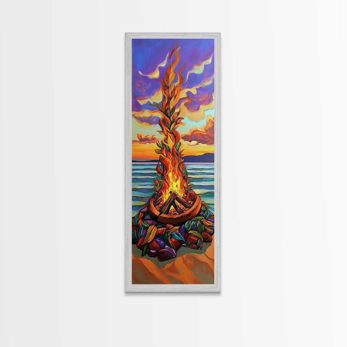 Vibrant Campfire, Sunset Beach – Colorful Beach Bonfire Painting, Fall Outdoor Wall Art, Framed Canvas Print, Cabin Living Room Style