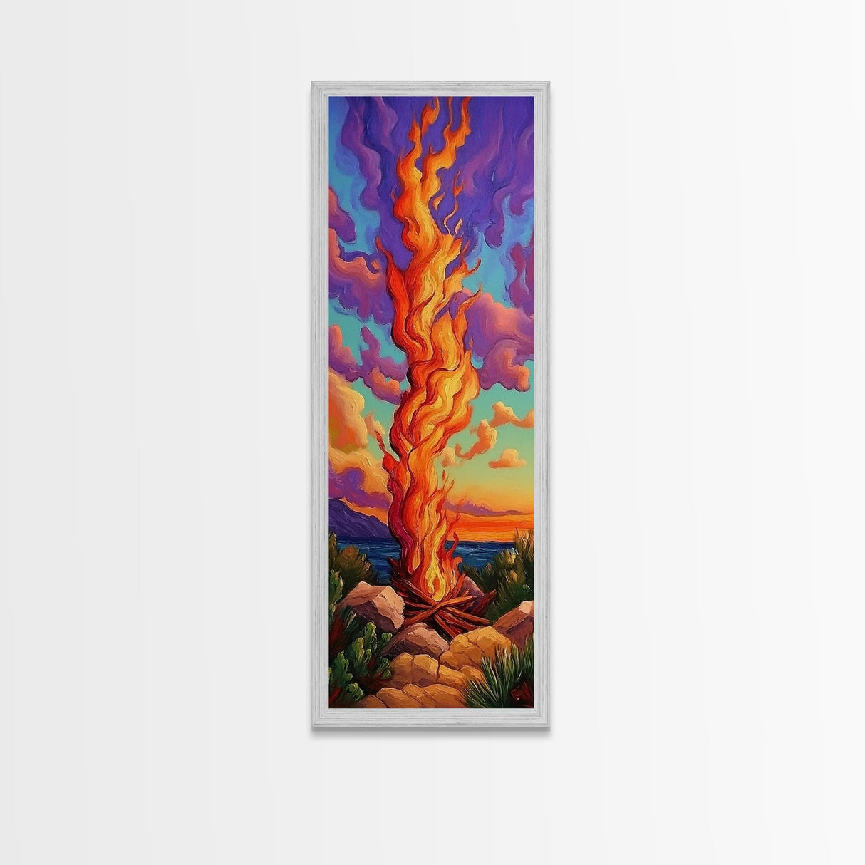 Fire Dusk, Mountains Vibrant – Scenic Bonfire Painting, Vibrant Nature Decor, Framed Canvas Print, Autumn Outdoor Living Room Art