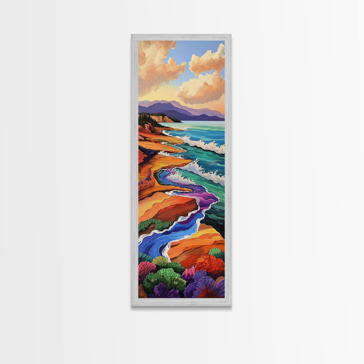 Coastal Waves, Flowers Landscape, Framed Canvas Print, Coastal wall art, beach landscape decor, boho style, bathroom or hallway art