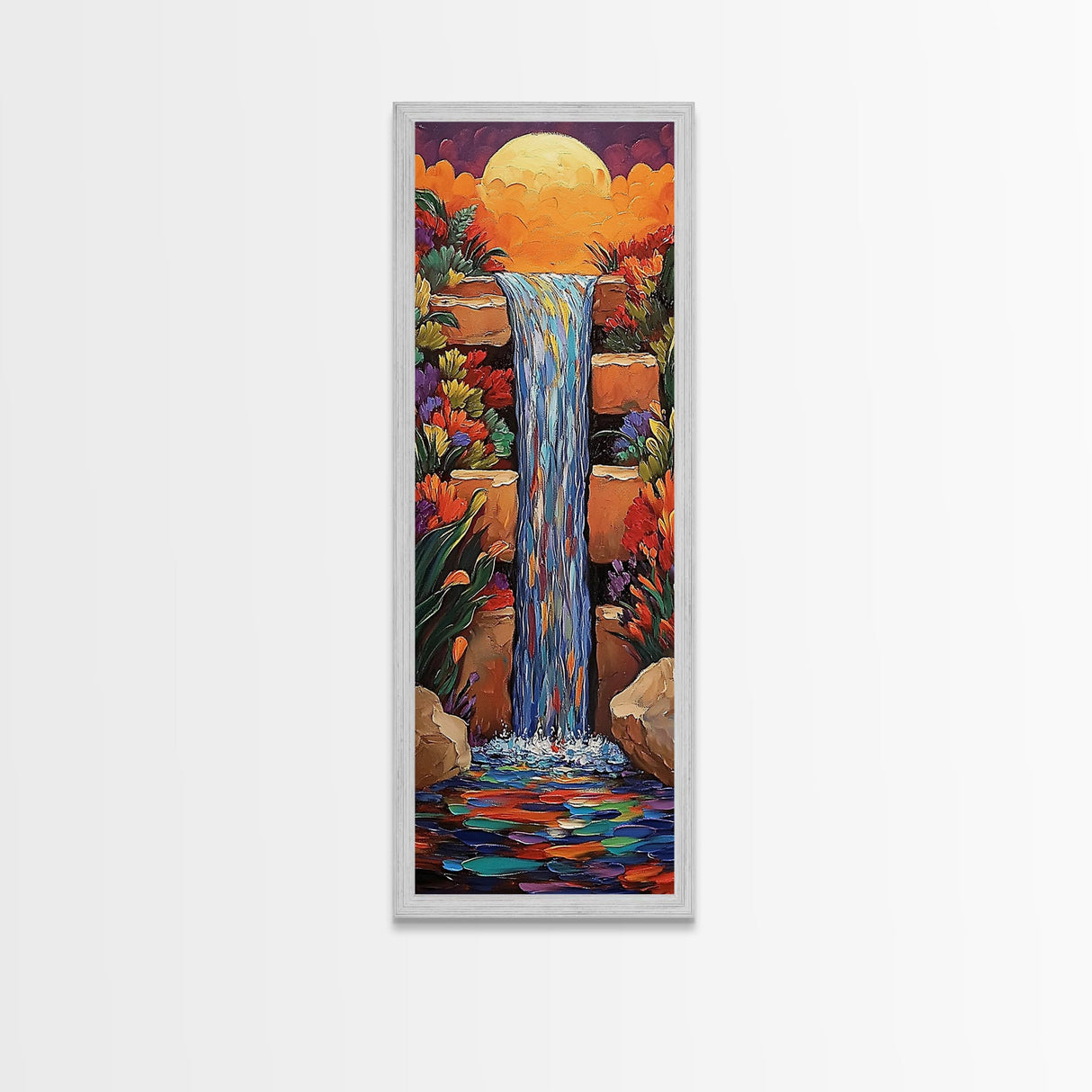 Sunset Waterfall, Flowers Fantasy, Framed Canvas Print, Vibrant landscape art, living room boho decor, magical nature scene