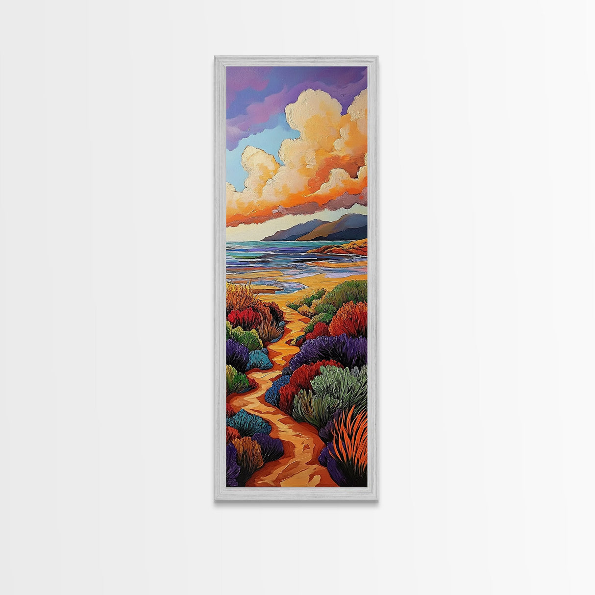 Beach Trail, Colorful Dunes, Seaside Nature, Framed Canvas Print, vibrant coastal landscape painting, tropical home wall art, bedroom art