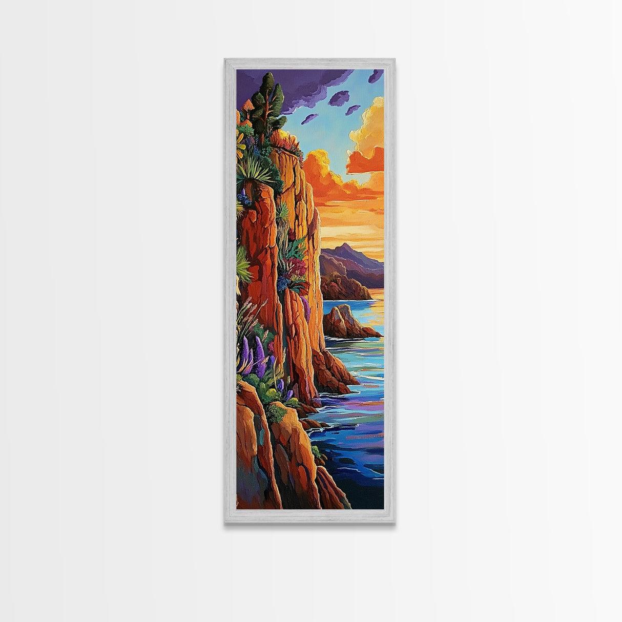 Sunset Cliffside, Ocean Tropical, Framed Canvas Print, Bold rocky coastline painting, tropical wall art, den or office decor piece