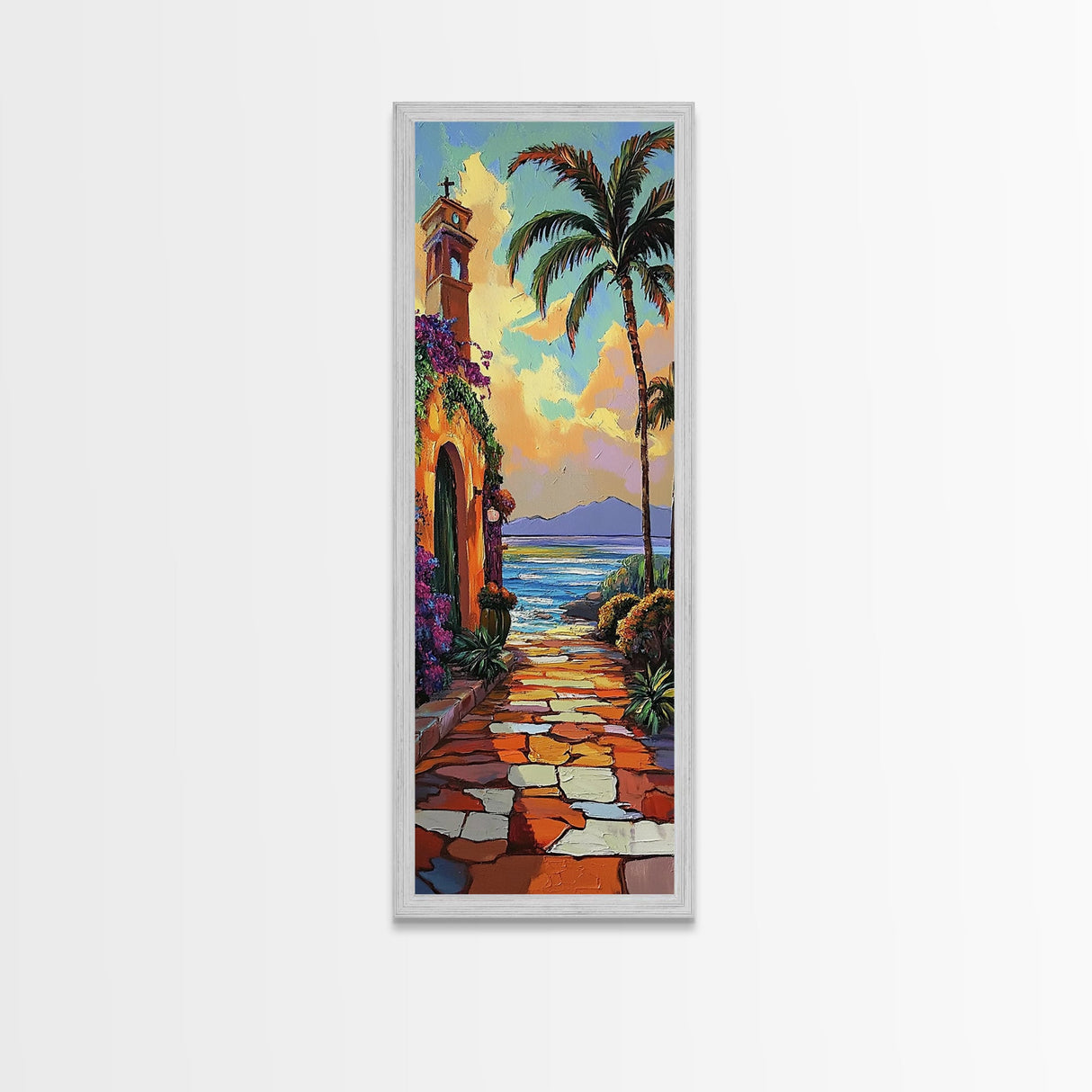 Seaside Church, Palms, Sunset - Framed Canvas Print, Mediterranean beach painting, boho villa wall art, living room or hallway accent piece