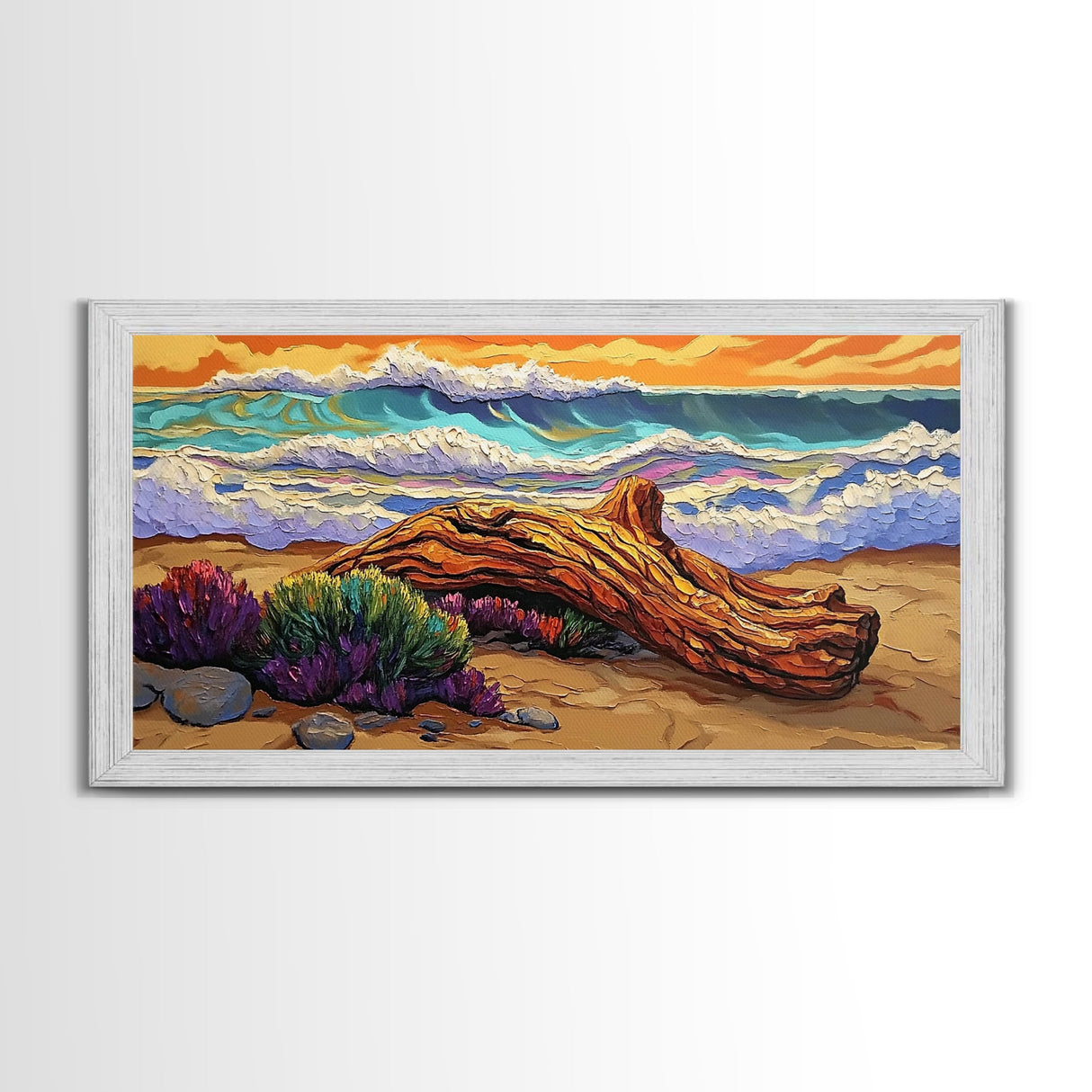 Coastal Driftwood, Waves, Sunset, Framed Canvas Print, ocean beach decor, colorful seascape, tropical wall art, living room wall art