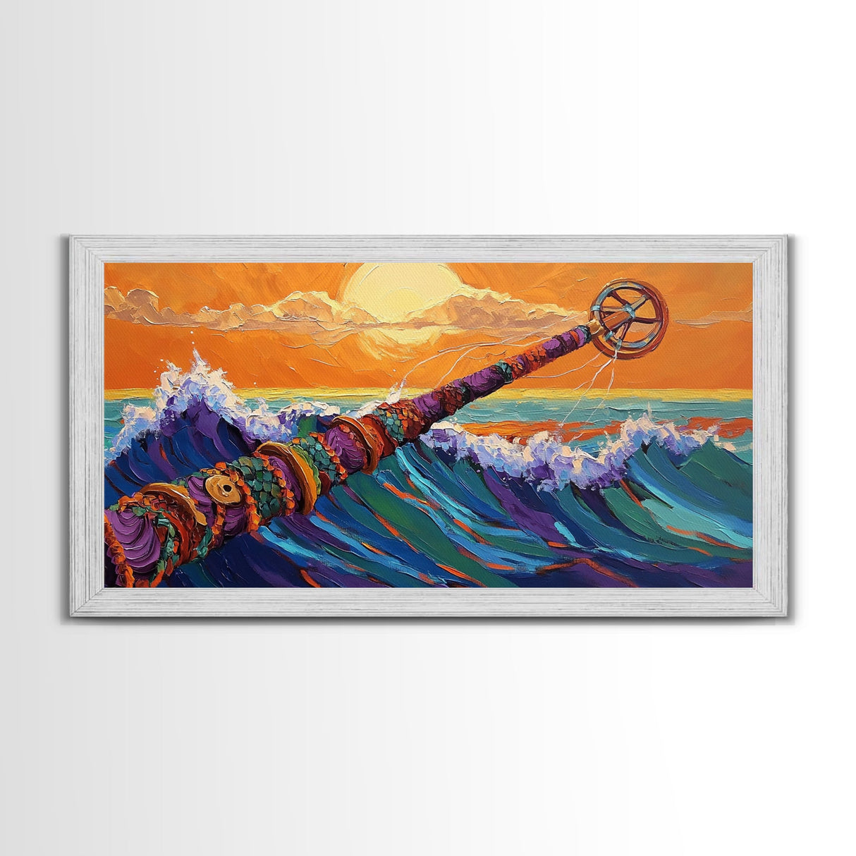 Waves, Surf, Nautical, Bold, Framed Canvas Print, Colorful seascape painting, ocean surf art, beach house living room wall decor