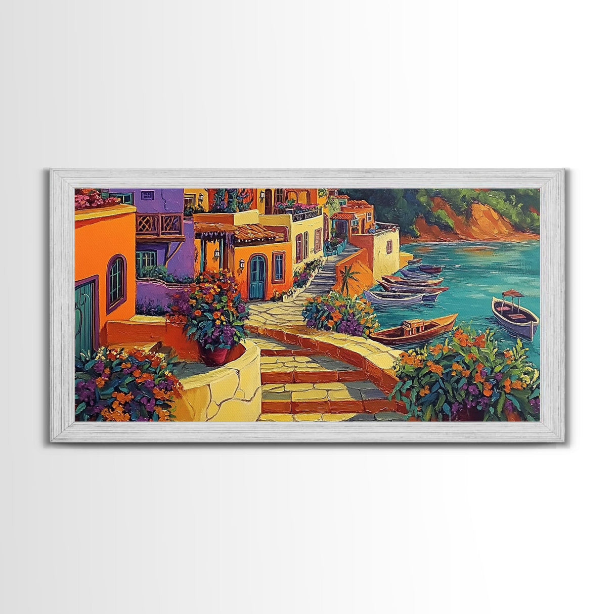 Village, Boats, Coastal, Pathway, Framed Canvas Print, Mediterranean street scene, colorful coastal home decor, kitchen wall art