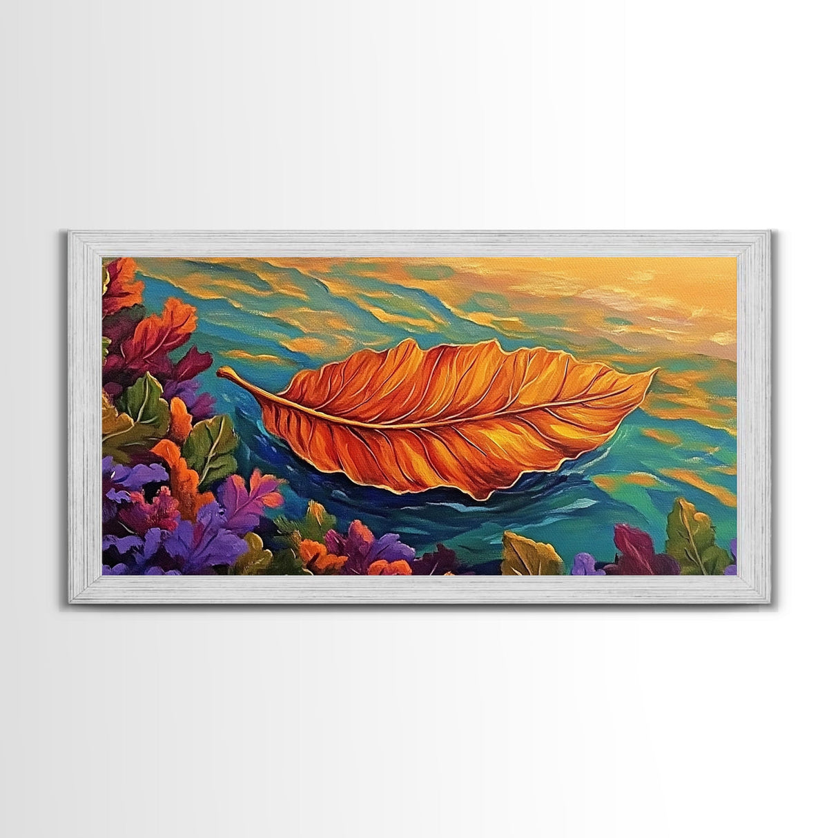 Leaf, Autumn, Floating, Nature, Framed Canvas Print, Fall themed leaf painting, cozy seasonal decor, rustic kitchen wall art