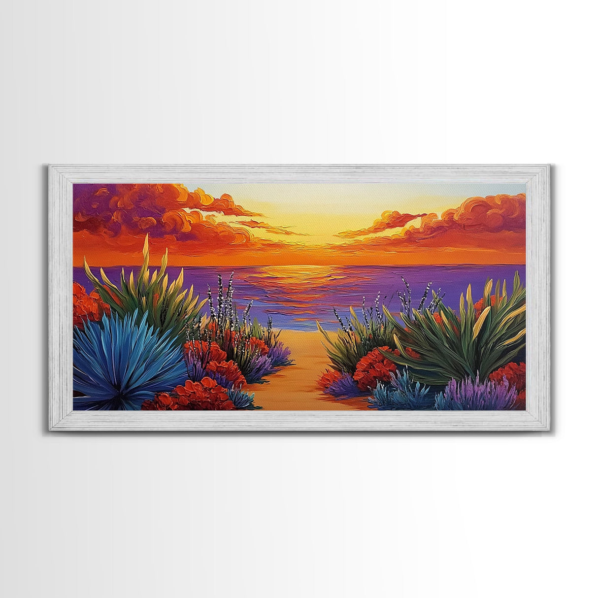 Sunset Ocean, Path, Canvas Print, Coastal sunset landscape, hallway tropical art, bright colorful decor, Beach House Wall Art