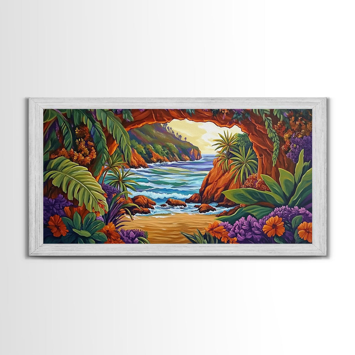 Tropical Archway, Ocean, Sunset, Framed Canvas Print, Coastal Decor, Tropical Wall Art, Landscape Painting, Living Room Artwork