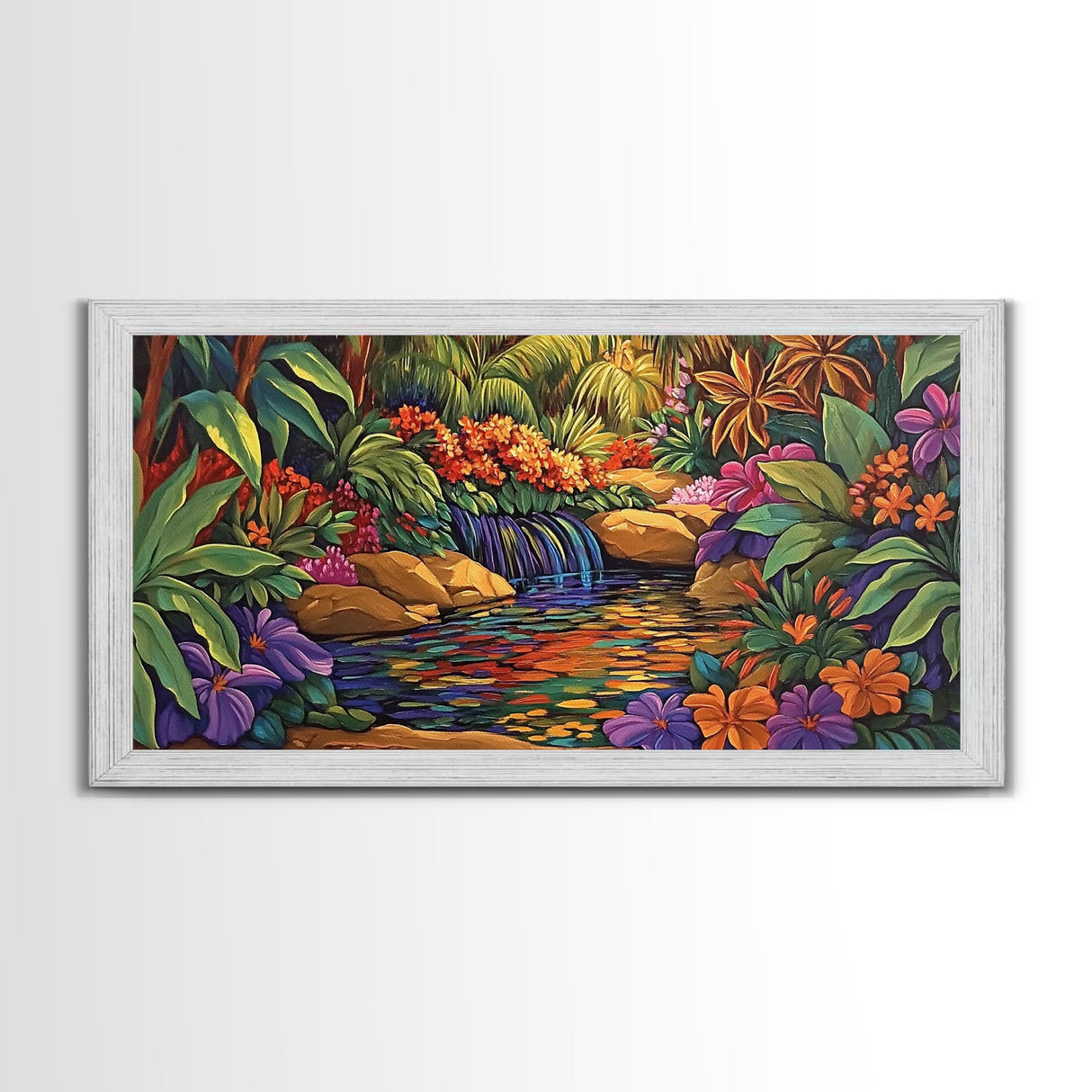 Jungle Waterfall, Floral, Vivid, Canvas Print, Botanical Wall Art, Tropical Home Decor, Boho Jungle Artwork, Bathroom Accent Piece