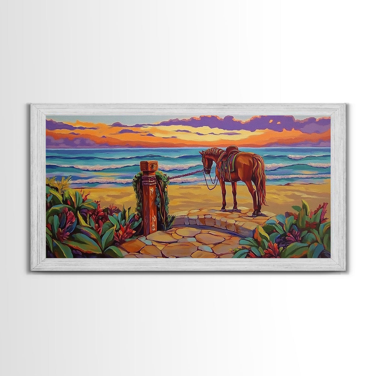 Horse Beach, Sunset, Western, Framed Canvas Print, Cowboy Art, Coastal Wall Decor, Rustic Boho Style, Entryway Statement Piece