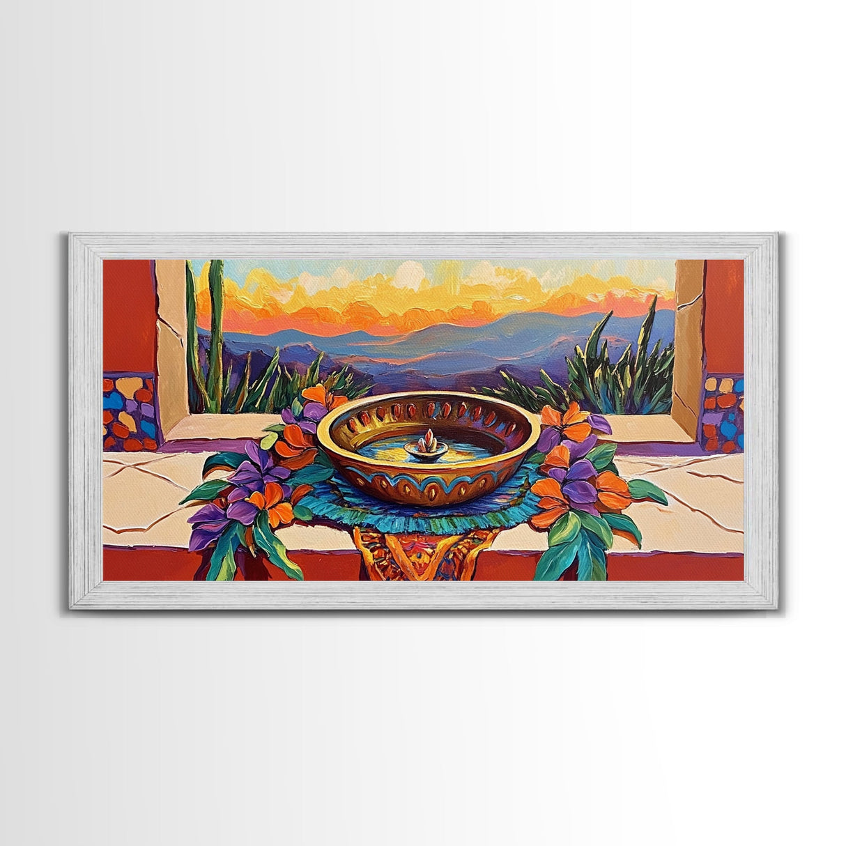 Fountain Sunset Flowers, Serenity, Framed Canvas Print, Southwestern Wall Art, Boho Vibe, Tranquil Home Decor, Kitchen or Entryway Art
