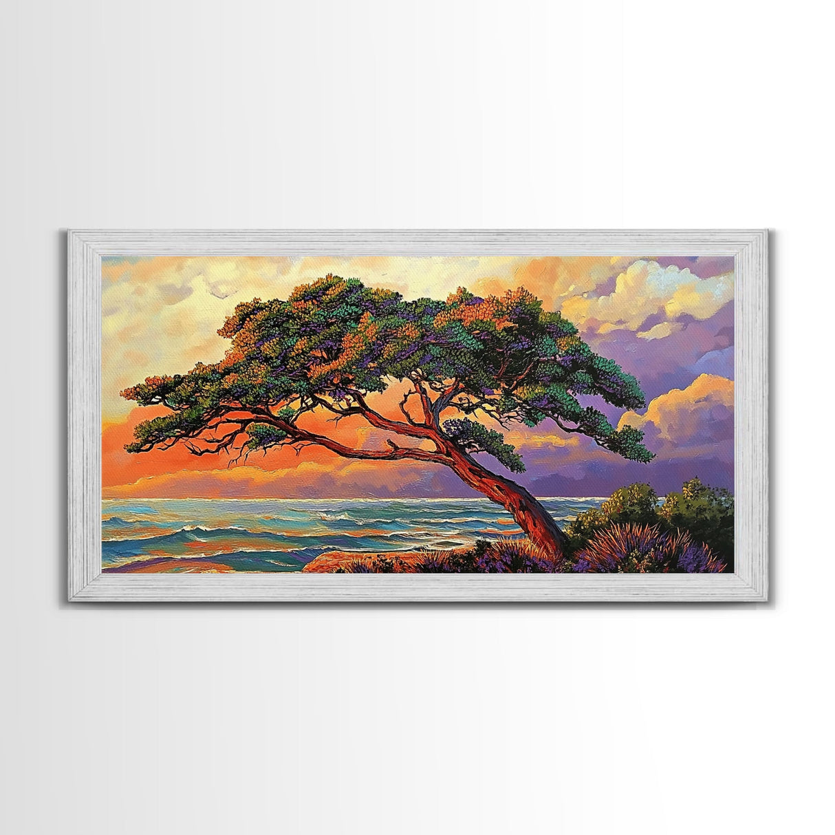 Tree Coast, Storm, Drama, Framed Canvas Print ocean pine tree artwork, landscape wall decor, moody nature art, living room accent