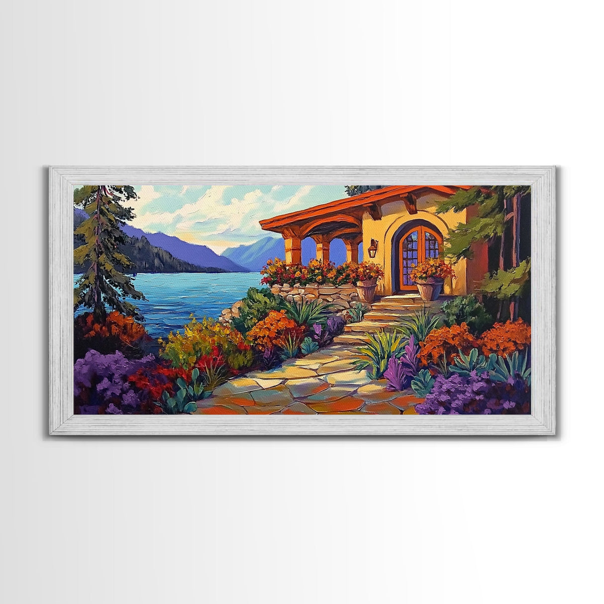 Lake Cabin, Garden, Pathway, Framed Canvas Print lakeside retreat artwork, rustic home wall art, cozy landscape scene, autumn print