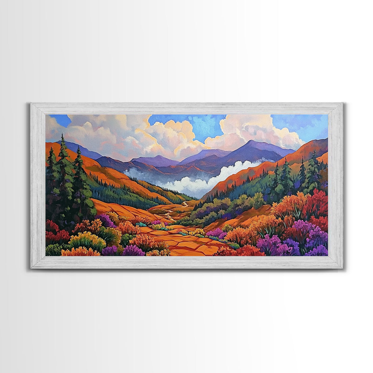 Mountain Valley, Wildflower Trail, Sunset Pathway, Canvas Print, Boho Wall Art, Bedroom or Hallway Decor, Vibrant Nature Painting