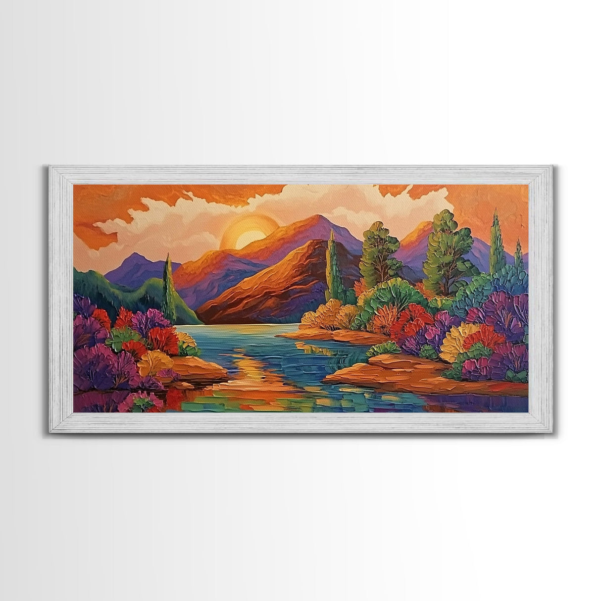 Sunset Lake, Autumn Trees, Mountain Reflections, Framed Canvas Print, Cozy Fall Wall Art, Bedroom Decor, Warm Landscape Painting