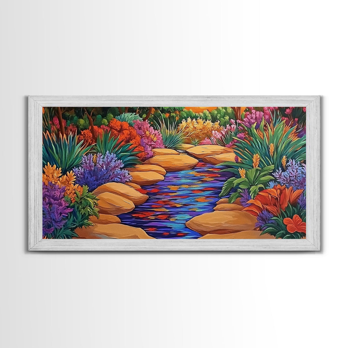 Stone Stream, Sunset Path, Desert Garden, Canvas Print, Nature Inspired Wall Art, Living Room Decor, Boho Botanical Style