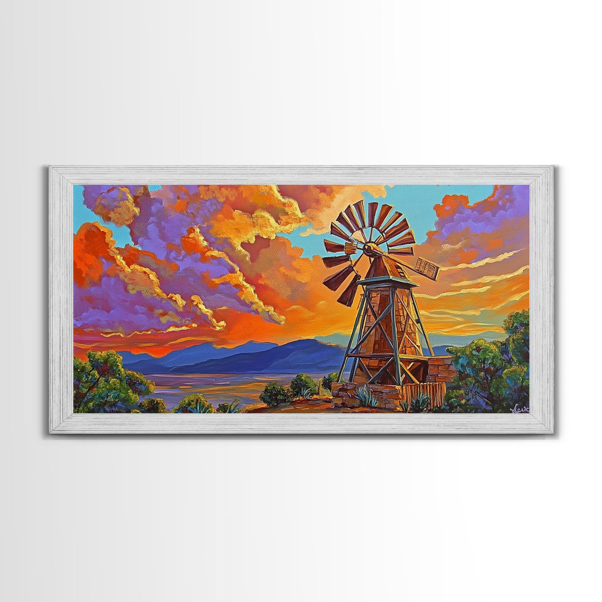 Rustic Windmill, Sunset, Country Sky, Canvas Print, Vibrant farmhouse scene perfect Fall Living Room Wall Art or Rustic Home Decor