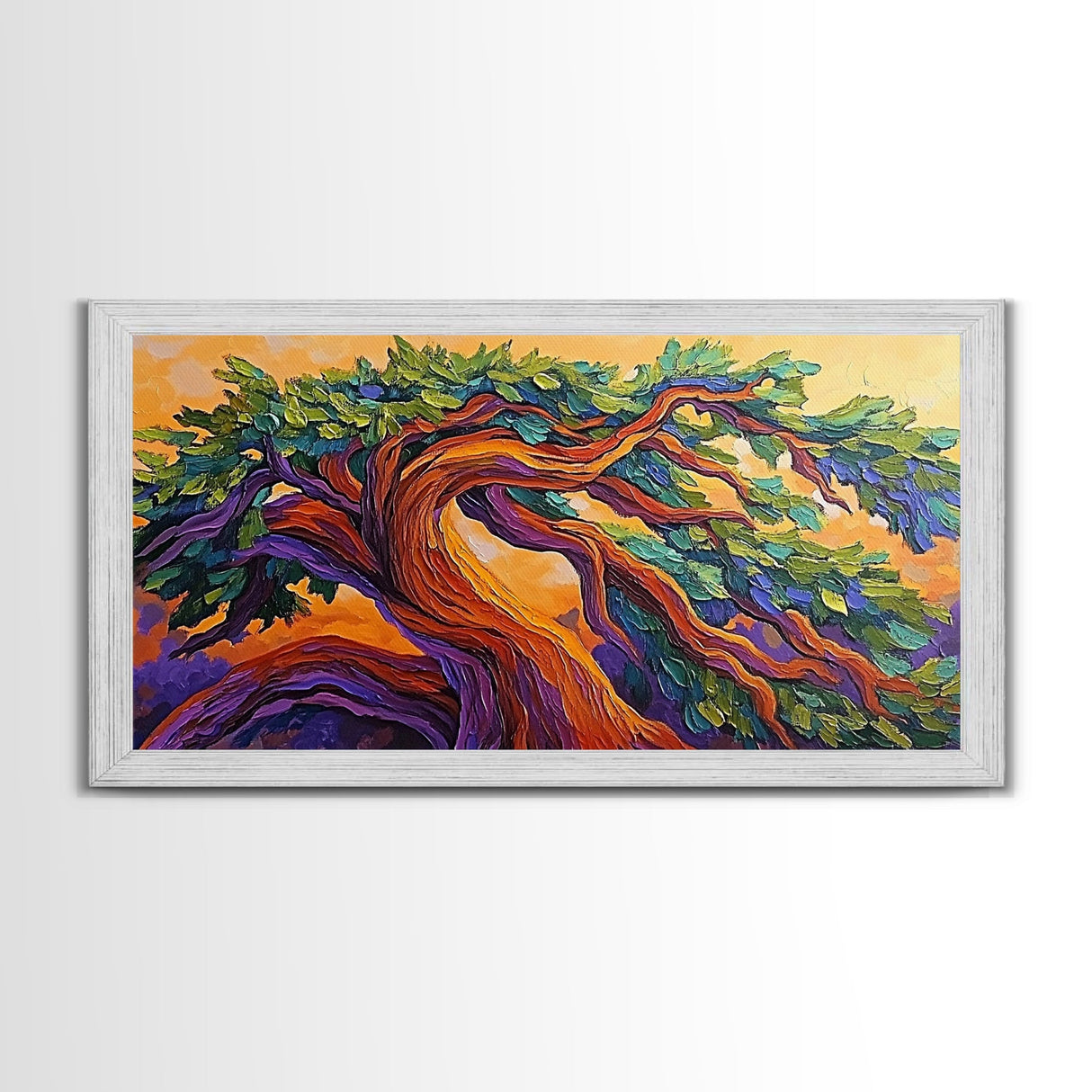 Whimsical Tree, Autumn Sky, Nature, Canvas Print, Bright textured tree painting perfect Fall Bedroom Wall Art or Boho Living Room Art