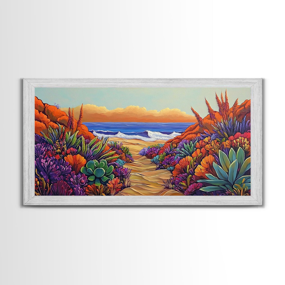 Beach Trail, Succulents, Ocean Path, Framed Canvas Print, Vibrant desert-to-ocean painting perfect Kitchen Wall Art or Boho Coastal Decor