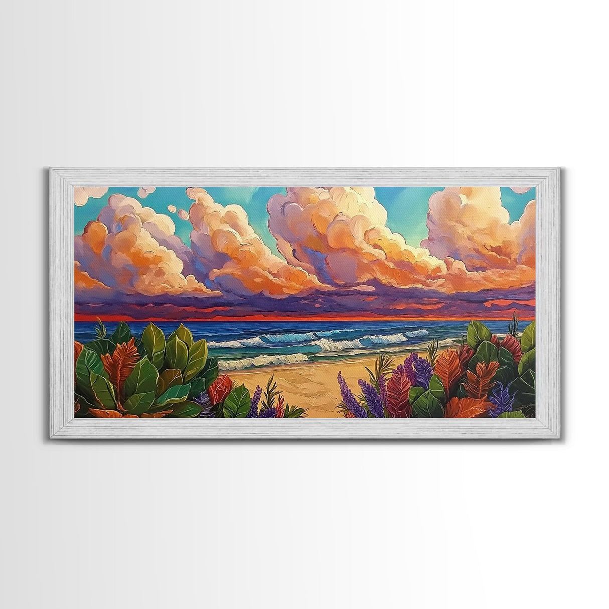 Tropical Beach, Clouds, Canvas Print, Colorful coastal beach artwork with dramatic clouds and waves, Bathroom Wall Art, coastal style
