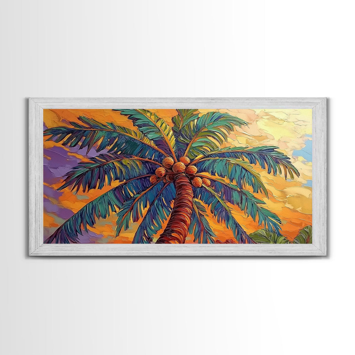 Palm Tree Sunset, Tropical, Framed Canvas Print, Bold colorful palm tree art in sunset sky, great Summer Beach Wall Art, tropical decor